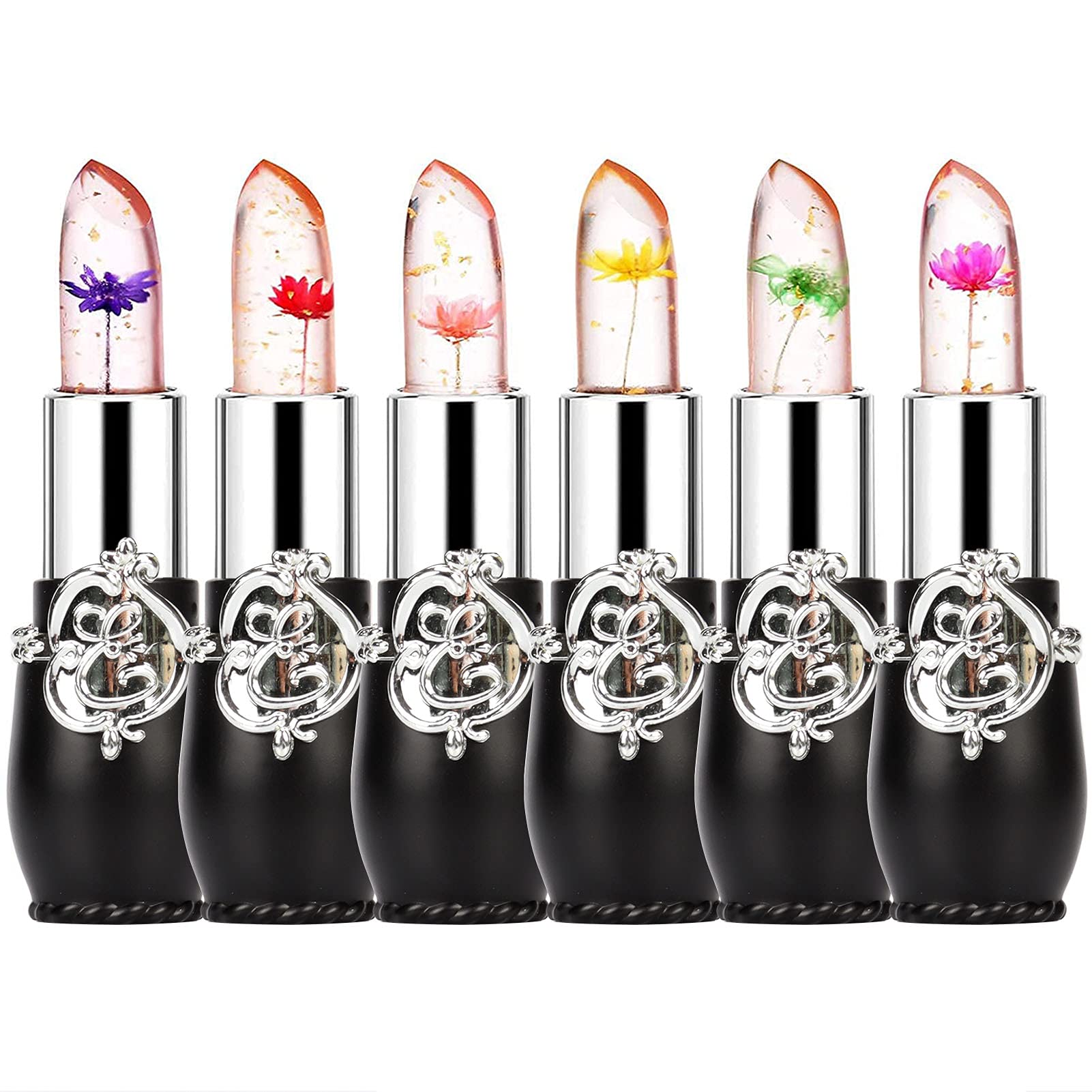 Pack of 6 Crystal Flower Jelly Lipstick, FirstFly Long Lasting Nutritious Lip Balm Lips Moisturizer Magic Temperature Color Change Lip Gloss (Black)