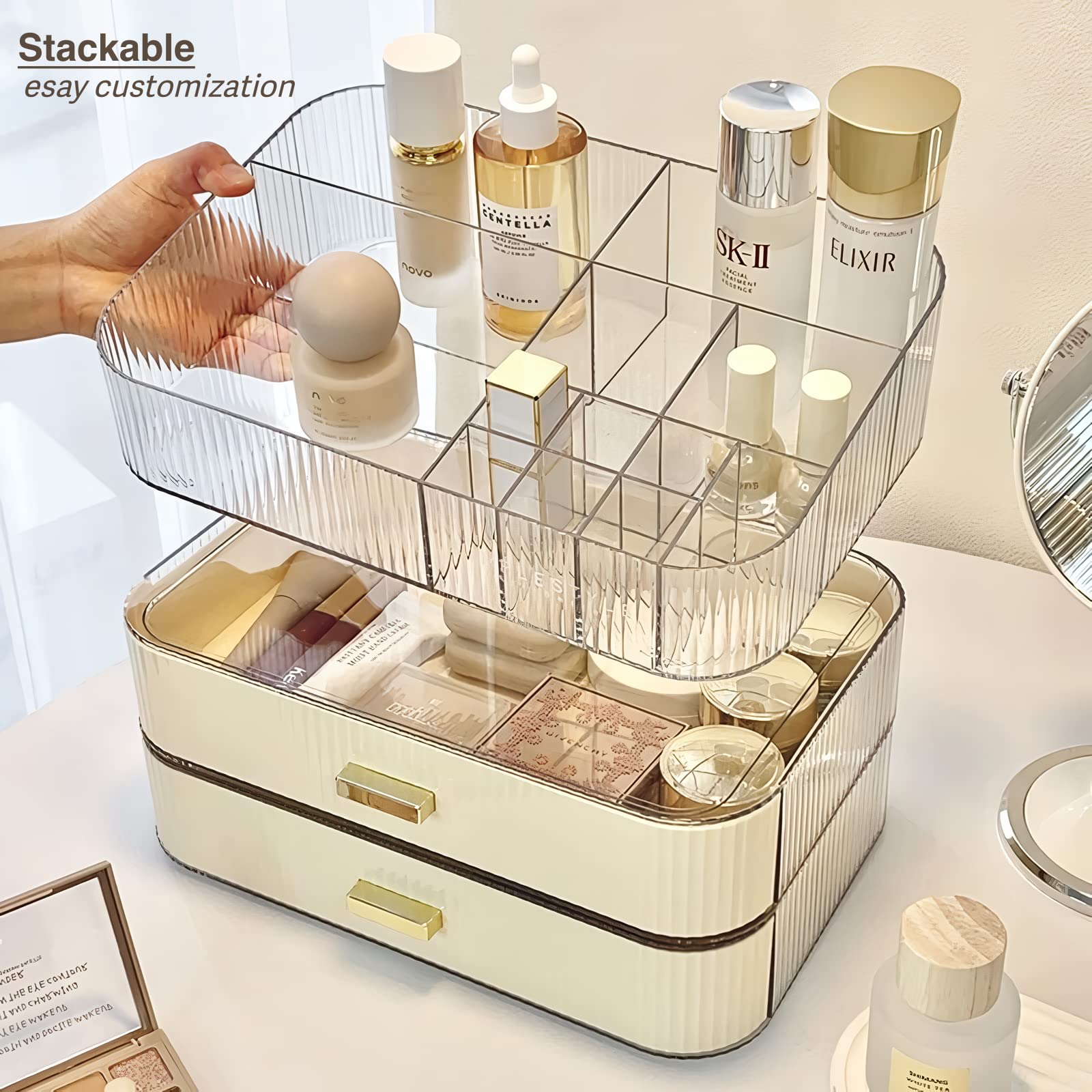 Decorcode Clear Vanity Makeup Organizer | 12-Compartment Holder for Brushes, Eyeshadow Palettes, & Beauty Supplies | Stacks Storage Drawers