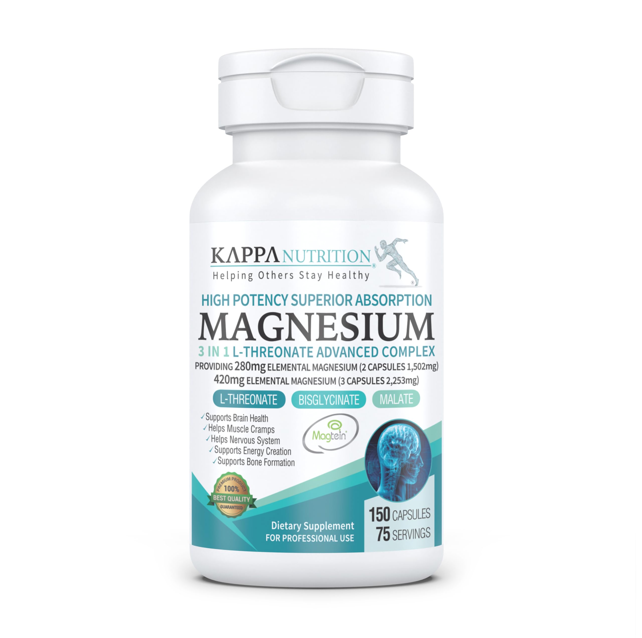 (150 Capsules), 2,253mg Per Serving, Providing 420mg Elemental Magnesium, L-Threonate, Bisglycinate Chelate, Malate, from Kappa Nutrition.