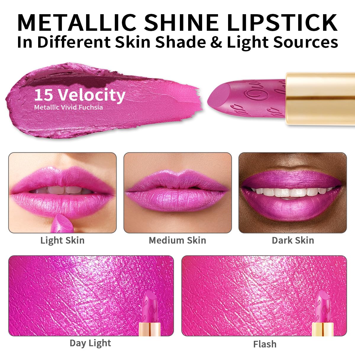 Oulac Pink Lipstick for Women with Metallic 3D Shine Lightweight Hydrating Formula, High Impact Lip Color, Full Coverage Lip Makeup, Velocity(15)