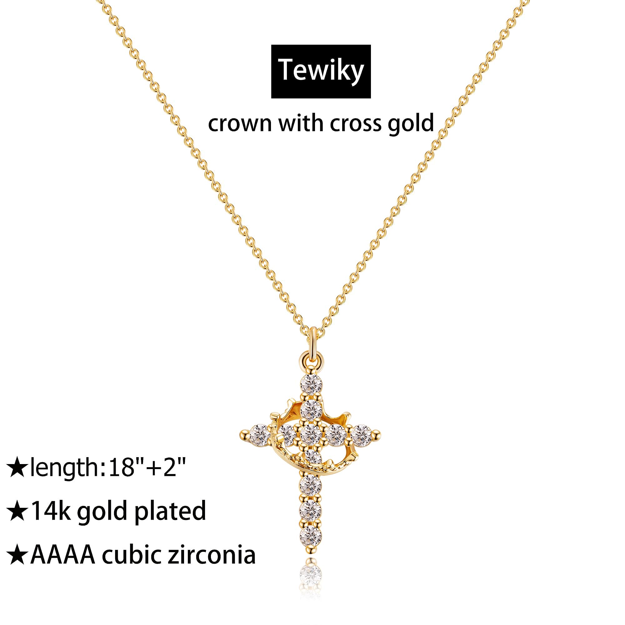 Tewiky Cross Necklace for Women-Cute 14k Gold Plated Crown Cross Pendant Necklaces Simple Diamond Gold Necklaces Faith Cross Jewelry First Communion Necklace