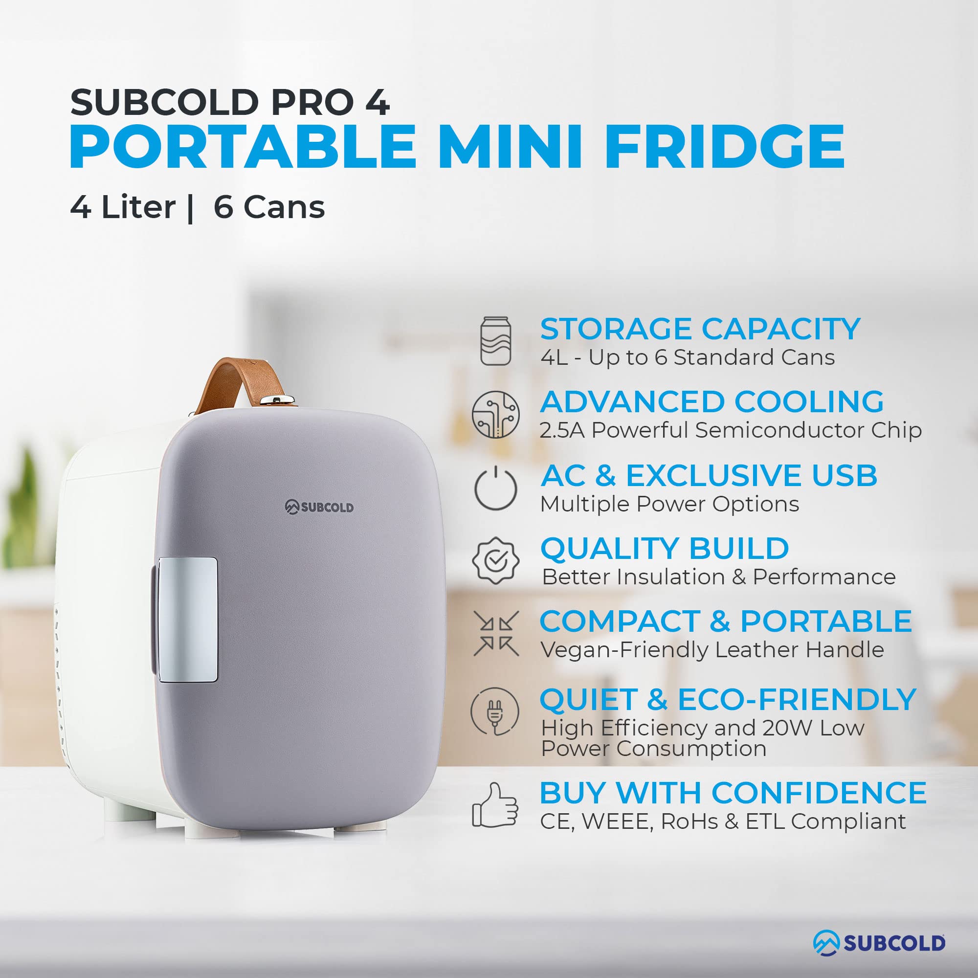 Subcold Pro4 Luxury Mini Fridge Cooler 4 Litre / 6 Cans AC & Exclusive USB ECO Power Option | Portable Small Refrigerator For The Office, Bedroom, Car, Travel, Skincare & Cosmetic (Gray)