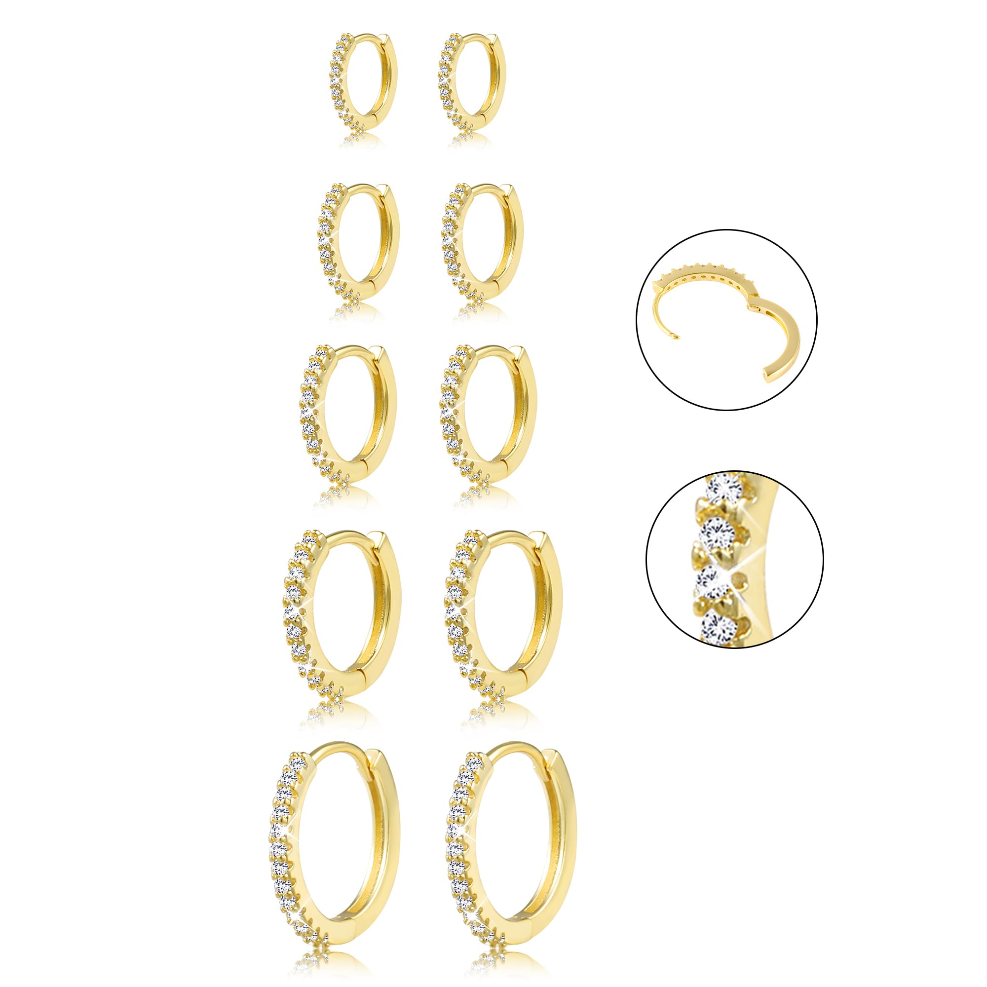 Small 14K Gold Hoop Earrings for Women - Huggie Cartilage Earring Set Cute Thin Mini Tragus Plated Hoops Multiple Piercings Aretes Earrings Sets for Women 5 Pairs(8/10/12/14/16) mm