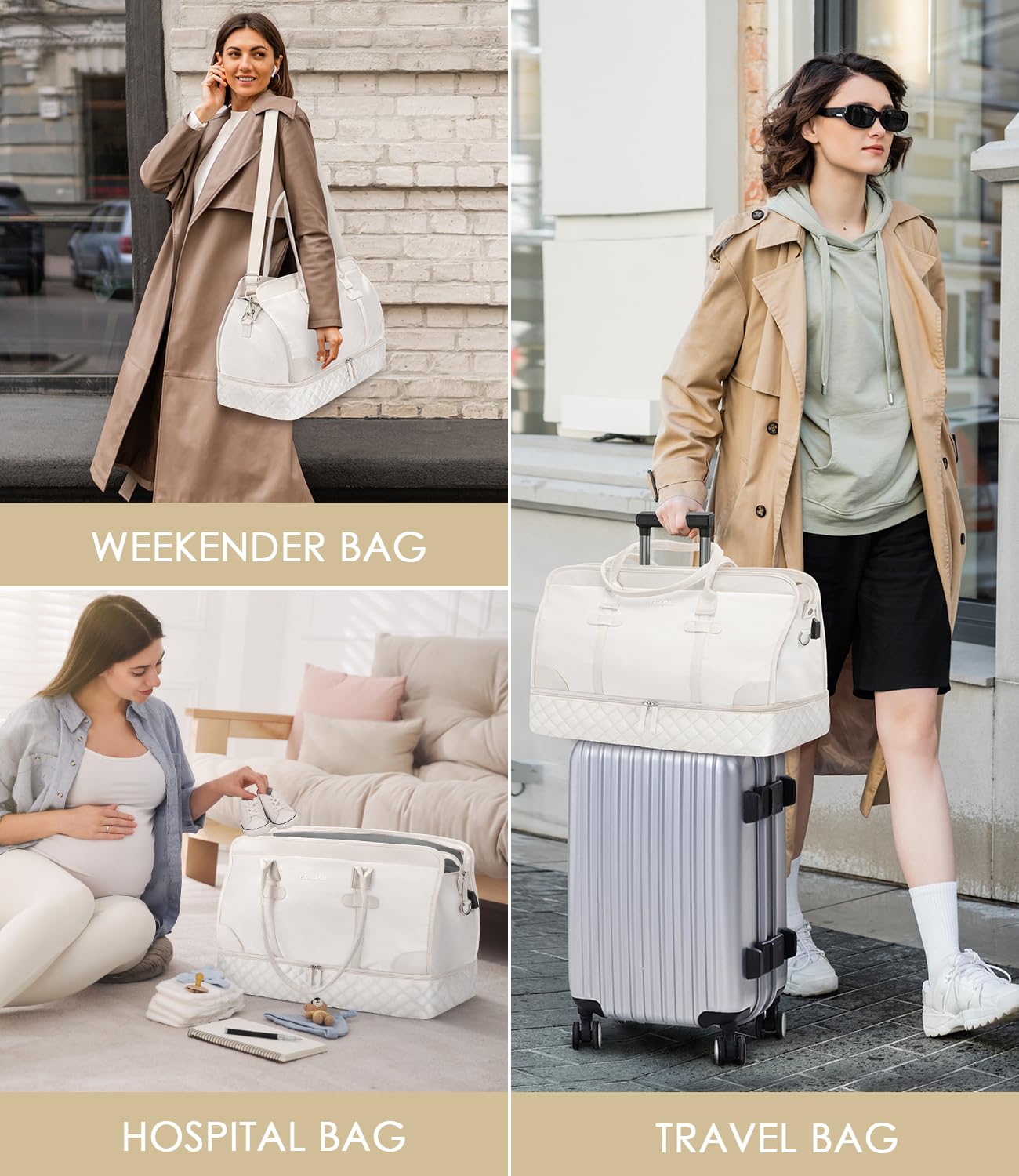 ETRONIK Weekender Overnight Bags for Women, Large Travel Duffle Bags with Shoe Compartment & Wet Pocket, Carry On Tote Bag Gym Duffel Bag with Toiletry Bags for Hospital 3 Pcs Set, Large Size, Beige