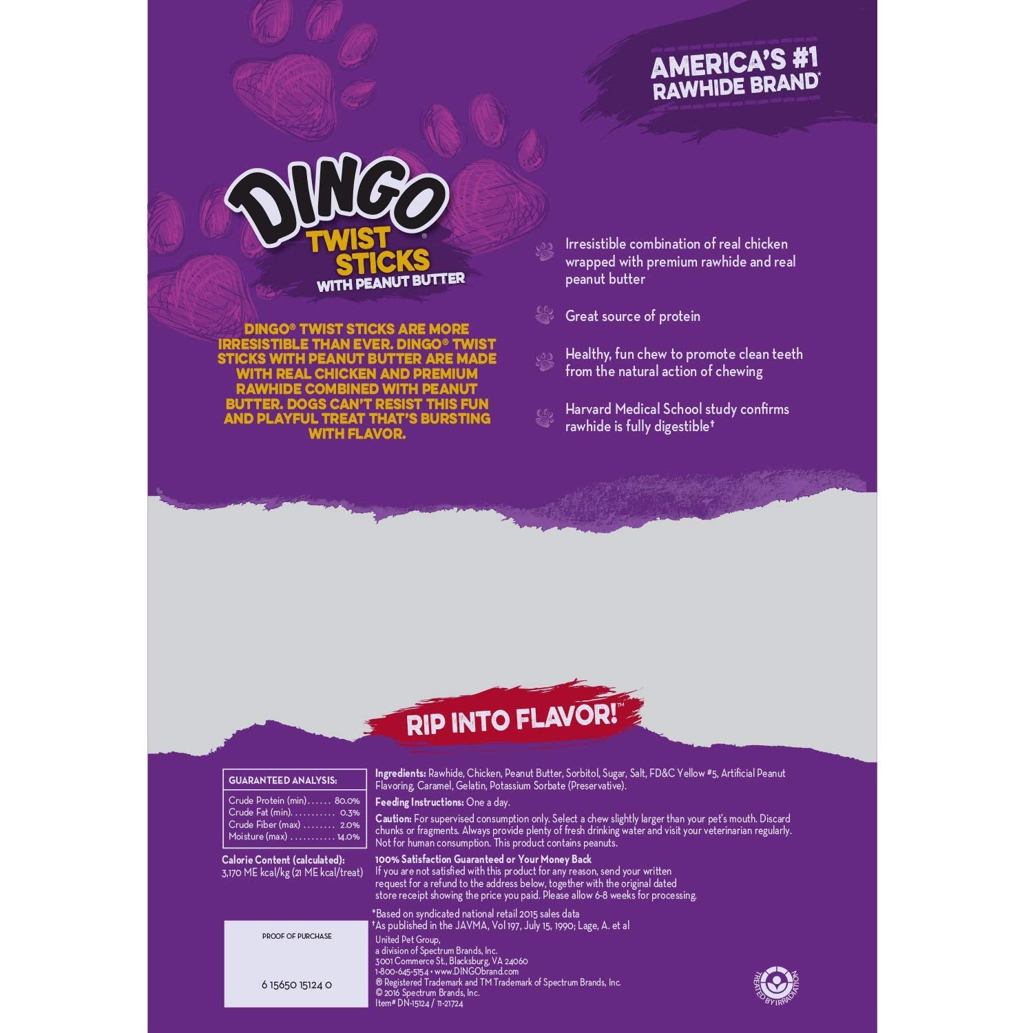 Dingo Twist Sticks with Peanut Butter; Rawhide Treats for Small, Medium, and Large Dogs 25-Count