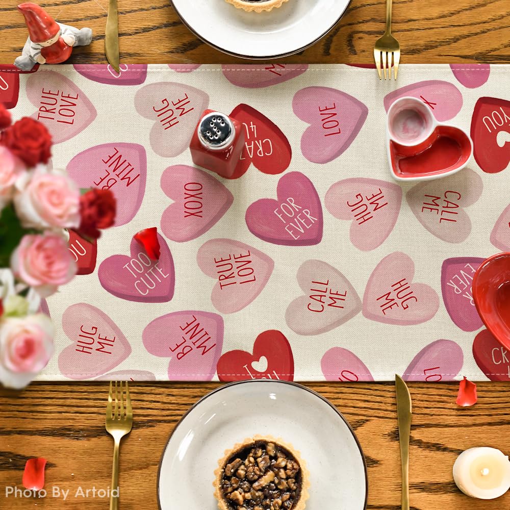 Artoid Mode Pink Ture Love Heart Valentine's Day Table Runner, Seasonal Kitchen Dining Table Decoration for Home Party Decor 13x72 Inch