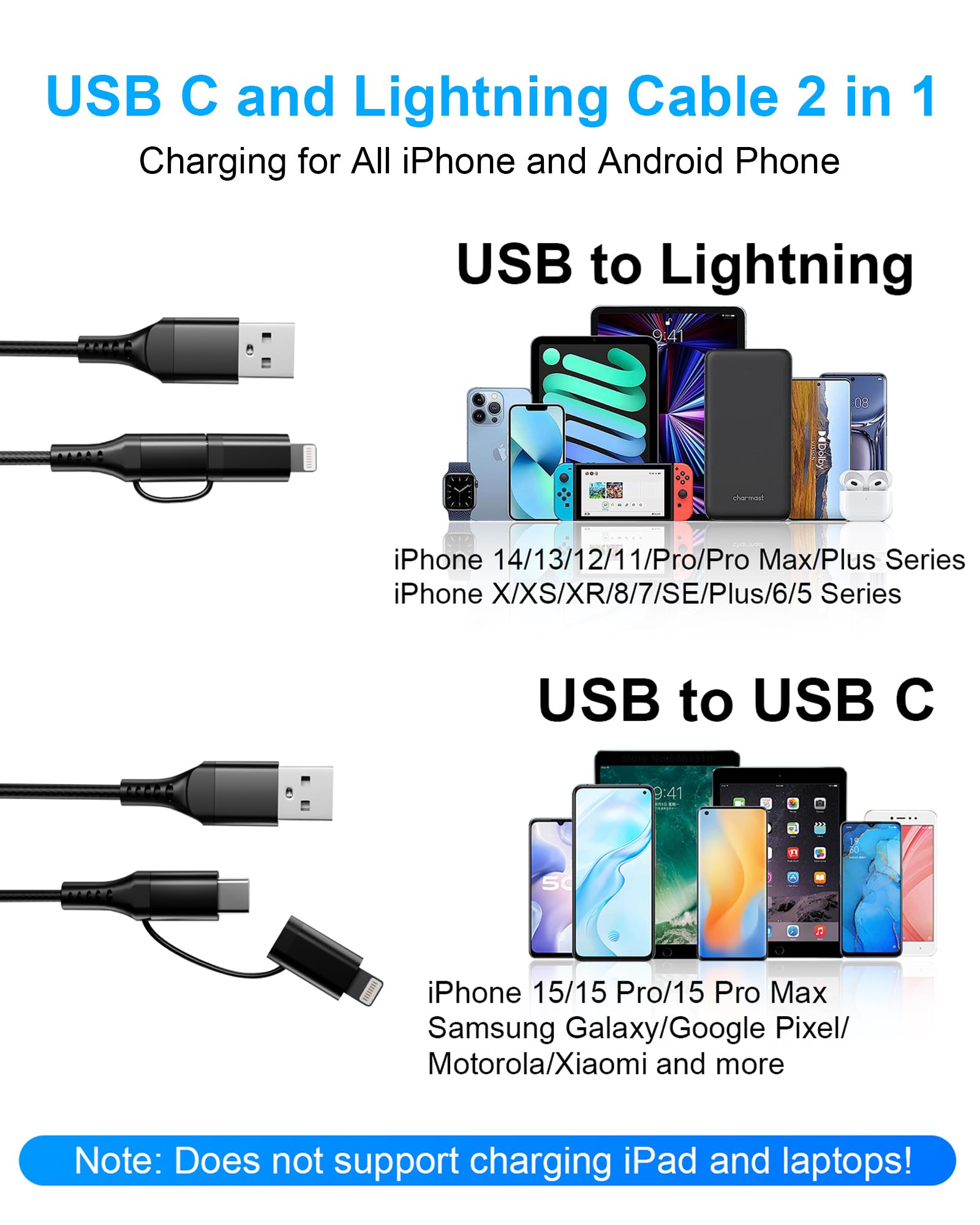 USB to USB C and Lightning Cable 6FT, Nylon Braided iPhone Charging Cable USB C and Lightning Cable 2 in 1 Carplay Cord, for iPhone 15 14 13 12 11 Pro Max Plus 8 X XS XR and Android Phone