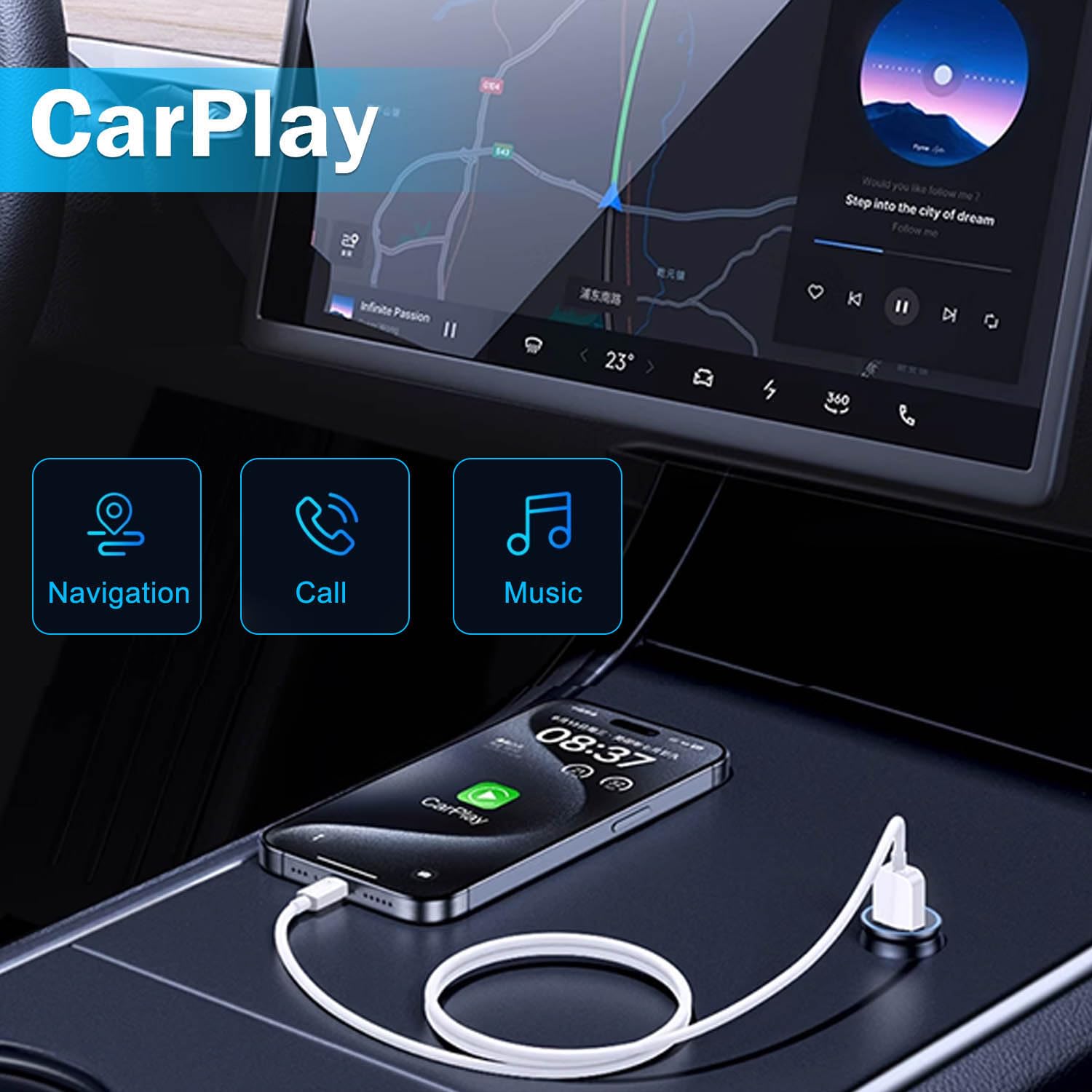 Car Carplay Cable for iPhone 15 Car Charger Cord, 3.3FT USB A to USB C Cable for Apple Carplay, USB C Cord Compatible with iPhone 15 Pro Max Plus, iPad Pro Air Mini Car Charger Cord Charging Cable