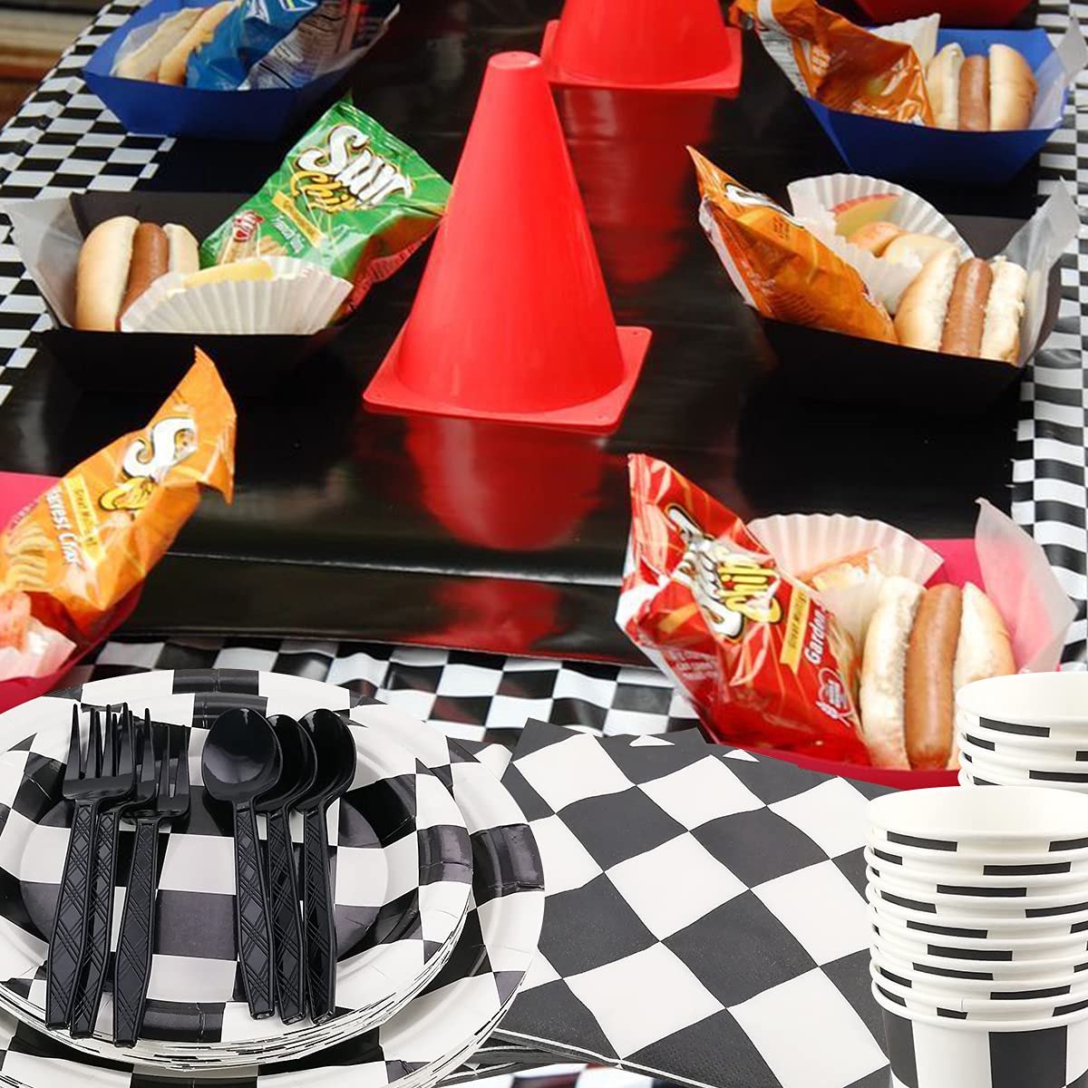 Cieovo Racing Car Party Supplies Set - Serves 20 Guest Includes Party Plates, Spoons, Forks, Knife, Cups Napkins and Tablecloth Party Pack for Racing Car Themed Birthday Parties Decorations