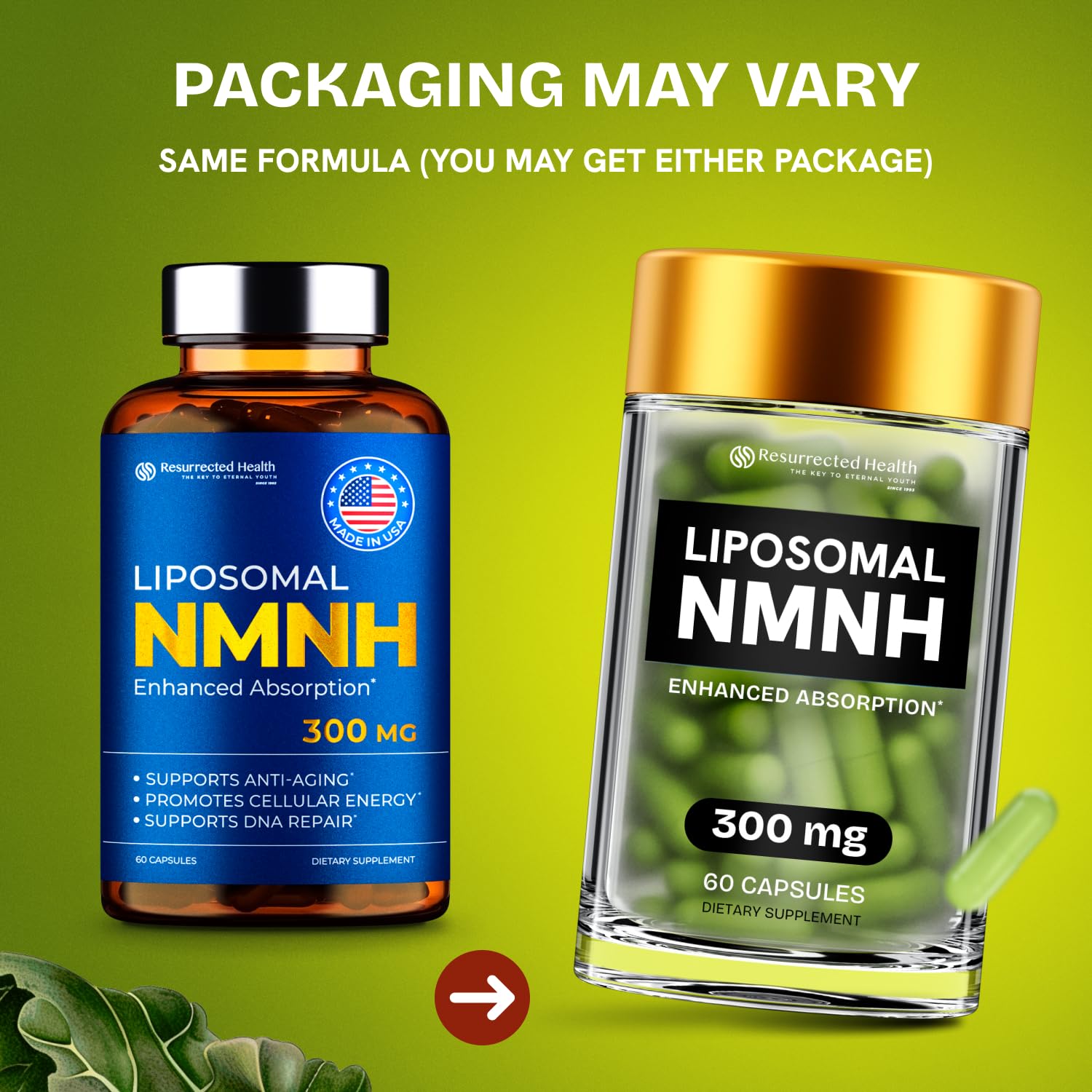 Resurrected Health NMN Supplement Alternative - Liposomal NMNH (Dihydronicotinamide Mononucleotide) - High Purity NAD Supplement for Anti Aging, Energy, Focus - 60 Capsules - 300mg