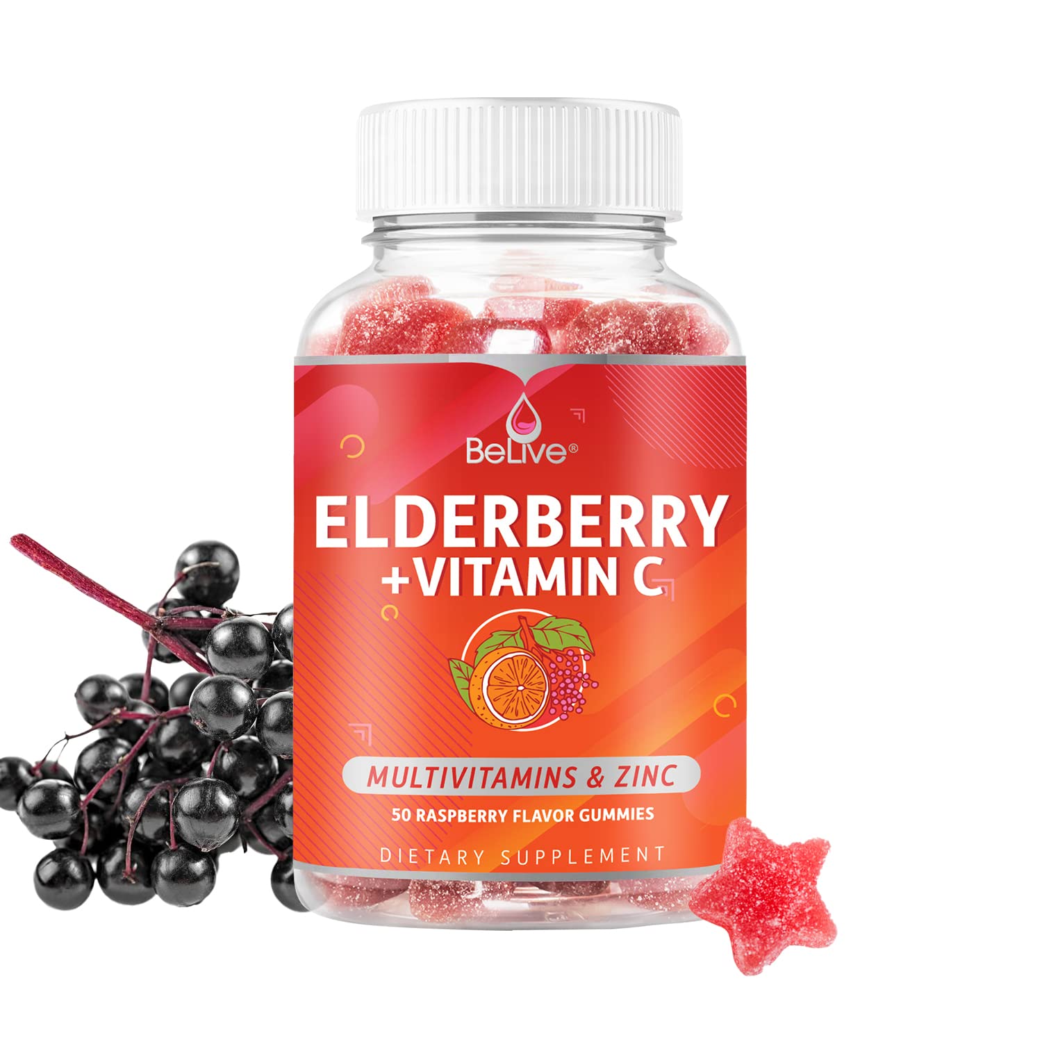 BeLive Elderberry Gummies with Zinc and Vitamin C , D, A, E, B12 - 50 Ct I Immune Support Supplement for Healthy Bones & Teeth, Sugar Free Vegan, Keto & non-GMO - Raspberry Flavor