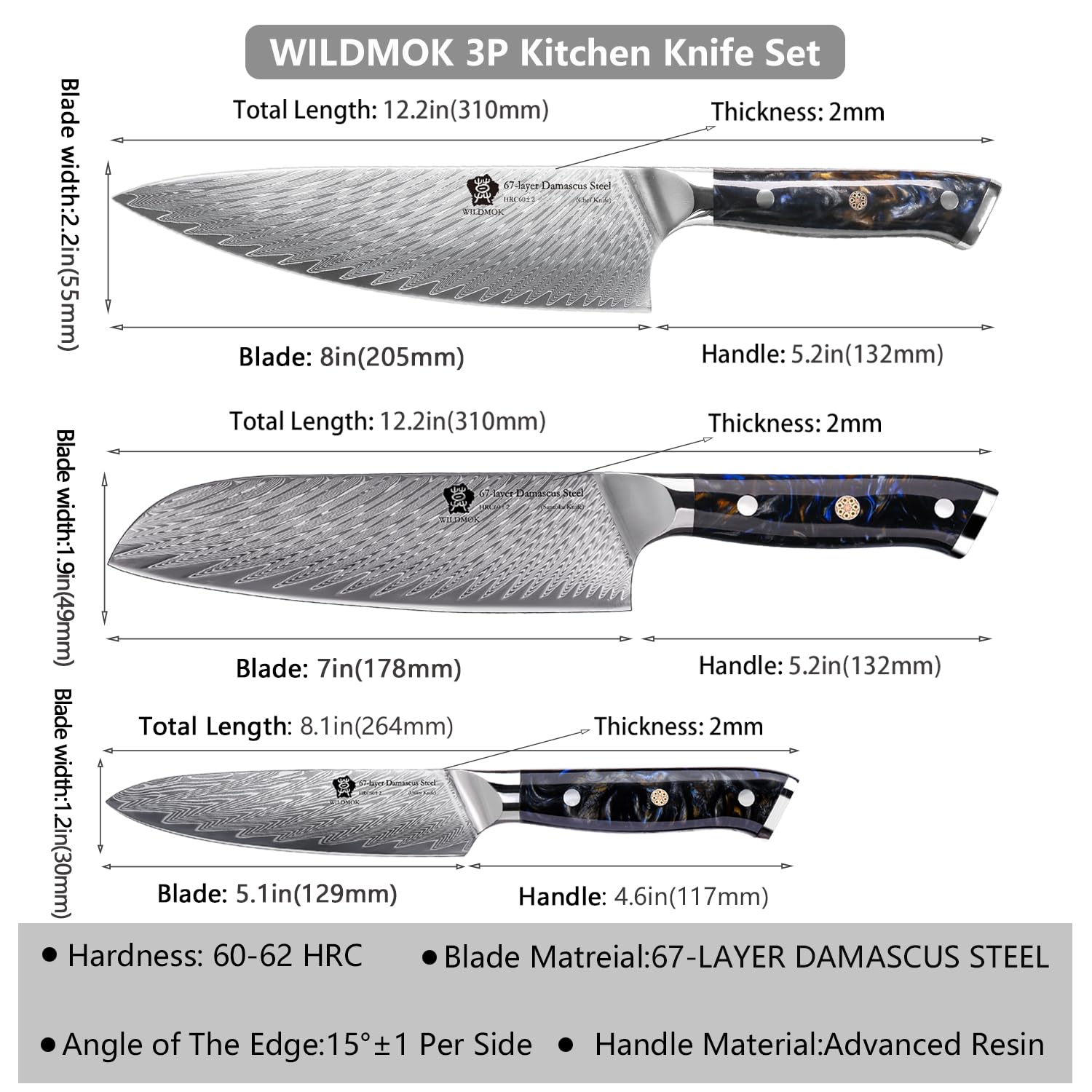 WILDMOK Damascus Kitchen Knife Sets 3 PCS, Japanese Kitchen Knife Set Damascus Steel Core, Ultra-Sharp Professional Chef Knife Set and Full Handle, Gift Box