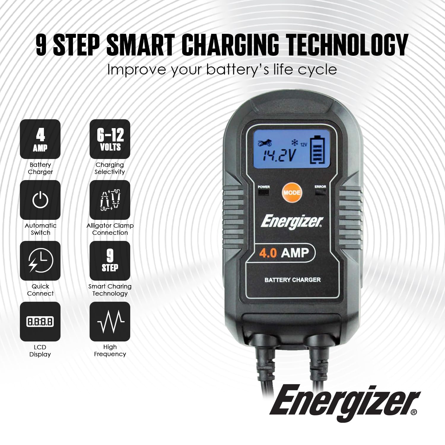 ENERGIZER 4-Amp 6V/12V Auto Charger, 9-Step Smart Battery Maintainer, Trickle Charger w/ LCD Display