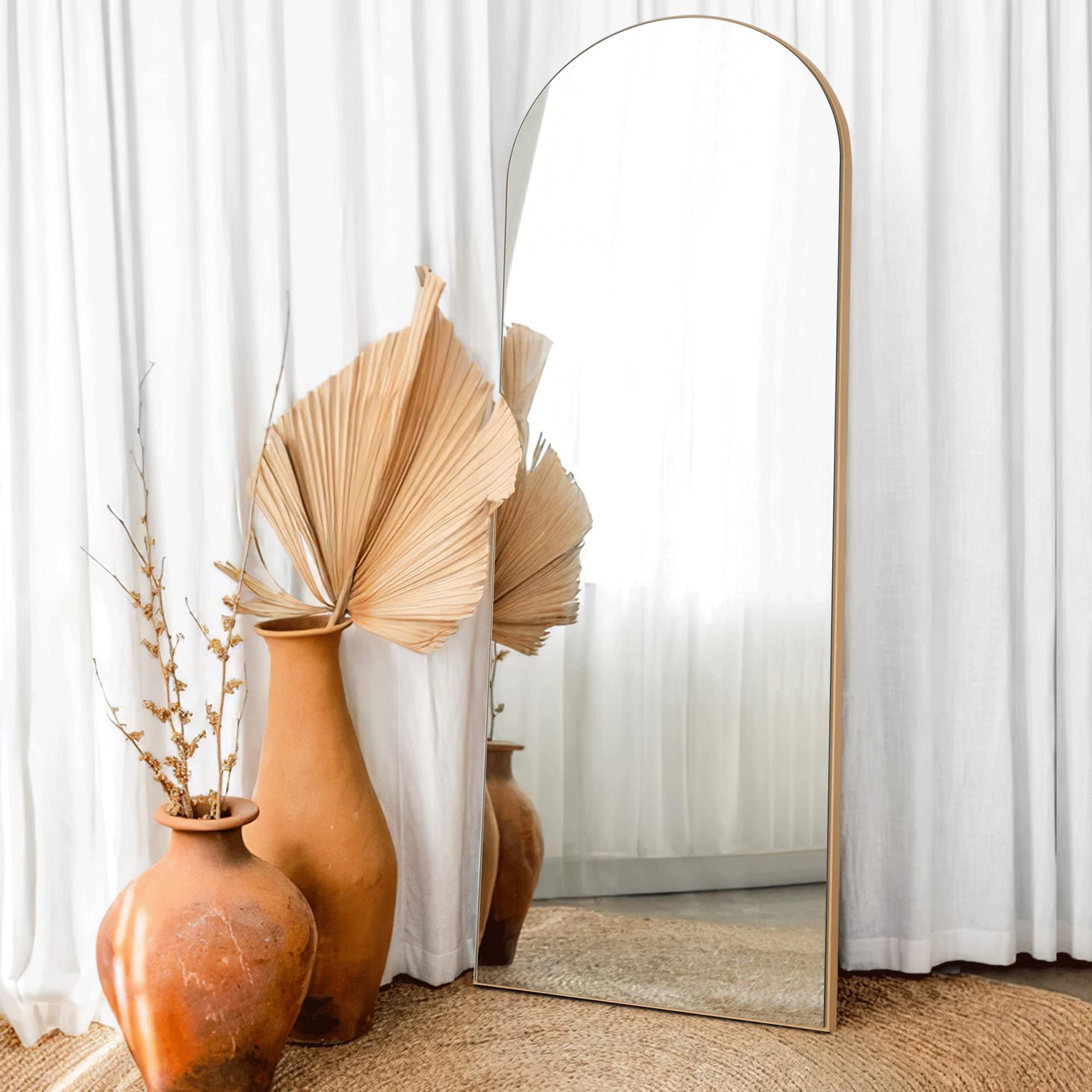 NeuType Arched Mirror 64"x21" Wall Mirror Full Body Mirror Arched Standing Mirror Gold Mirror Wood Framed Wall-Mounted Mirror Floor Length Mirror Hanging Mirror Full Length Mirror with Stand