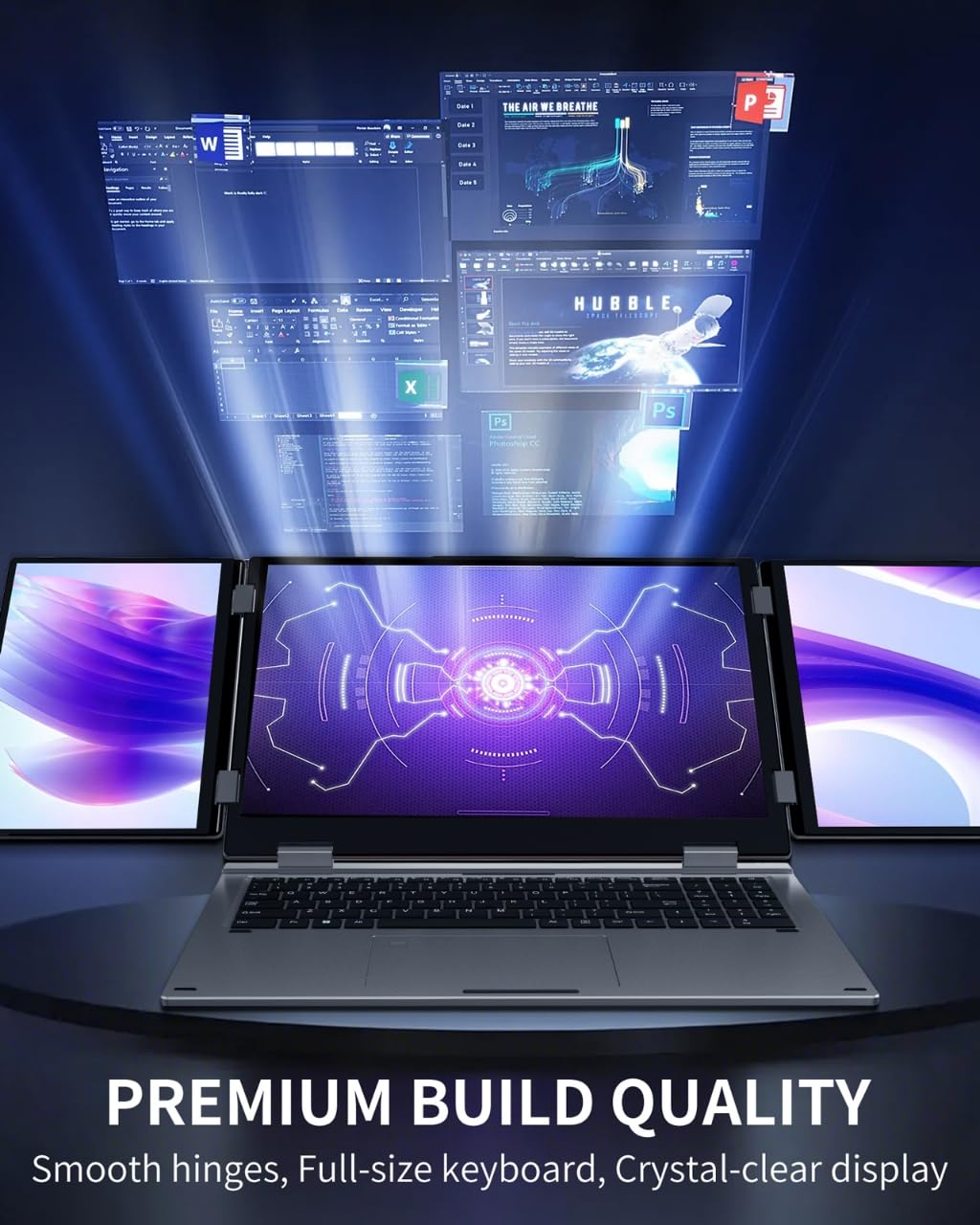 KOOFORWAY Triple Screen Laptop, 16" Main + Dual 10.5" Monitors, Core i7-12700H, 32GB RAM, 2TB SSD, Win 11 Pro, Wi-Fi 5, BT 5.0, Face & Fingerprint Unlock, USB-C, HDMI