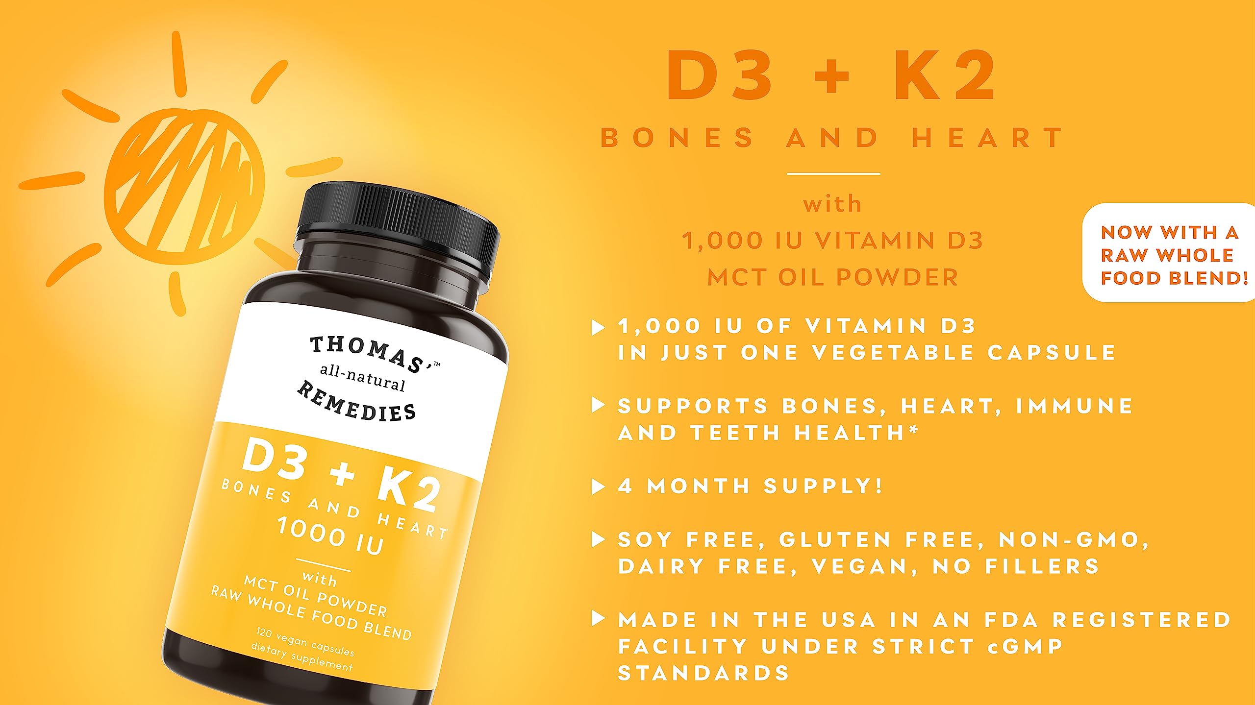 Thomas' all-natural Remedies D3 + K2 with MCT Oil for Better Absorption & Raw Whole Food Blend, 1000 IU D3, Vegan, Made in USA, Support for Your Heart, Bones & Teeth, Non-GMO (120ct)