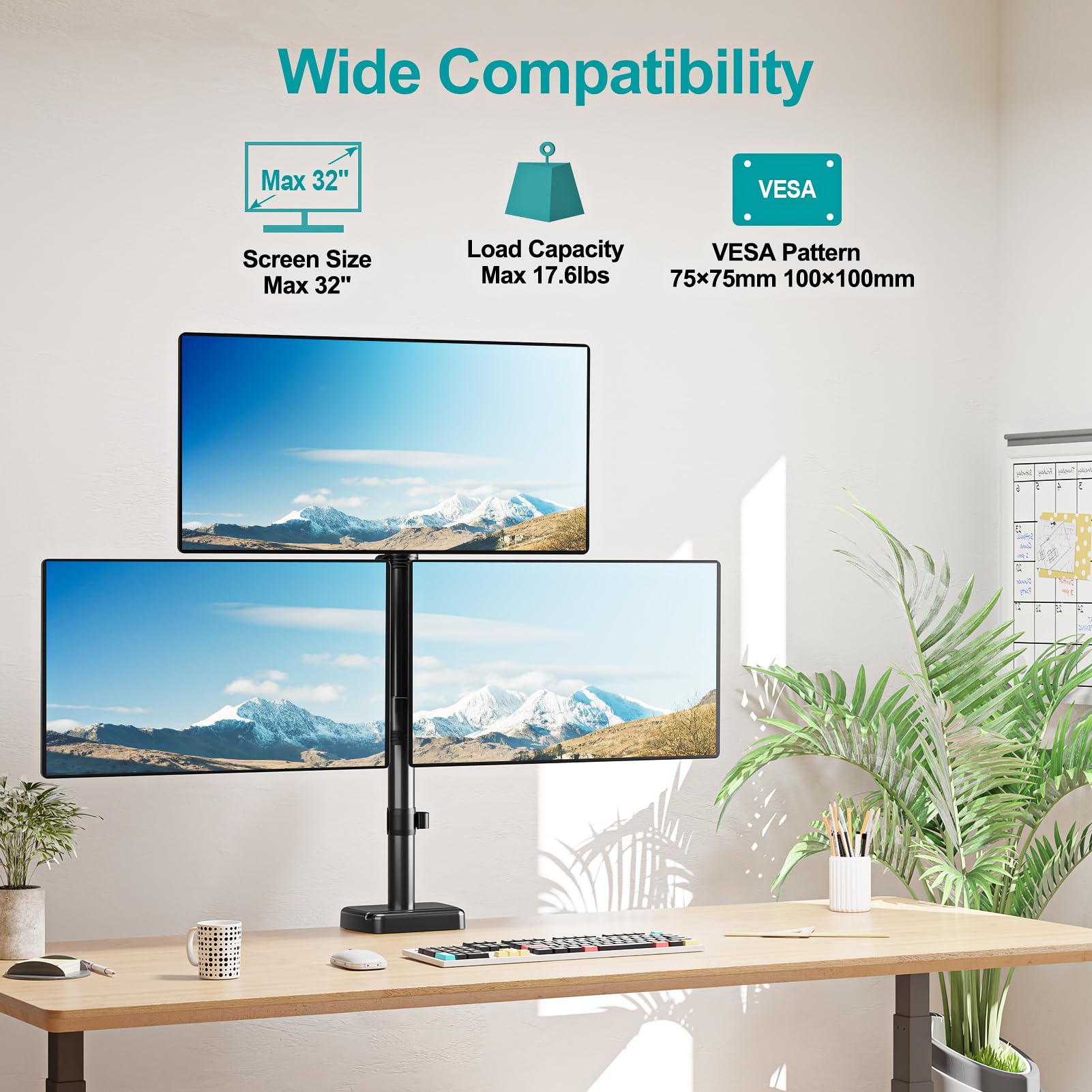 MOUNT PRO Triple Monitor Mount for Max 32" Computer Screen, Adjustable 3 Monitor Desk Mount, up to 17.6lbs Each, Gas Spring Monitor Arm with Tilt Swivel Rotation, VESA Mount 75x75/100x100mm