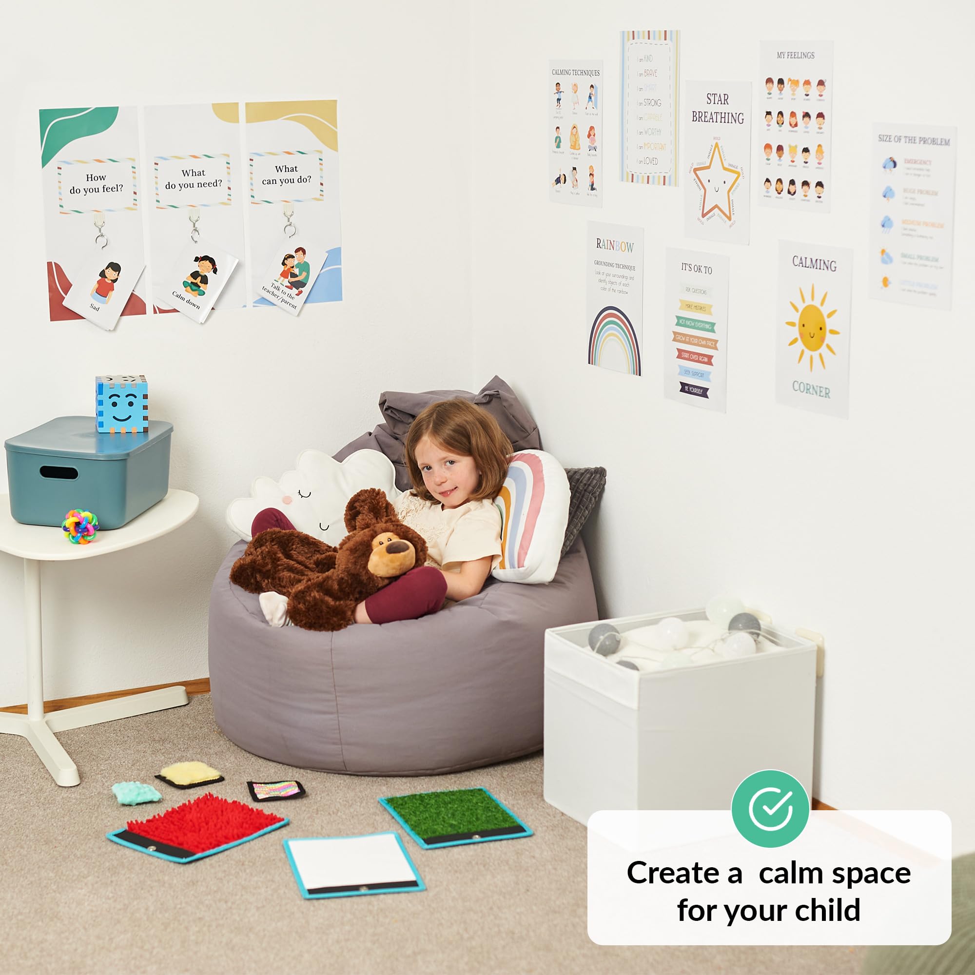 Calm Down Corner | Classroom and Special Education Must Haves | Boho Calming Corner Items for Kids | Calming Corner Kit with Sensory Mats, Posters, Solutions Wall, Sensory Toys