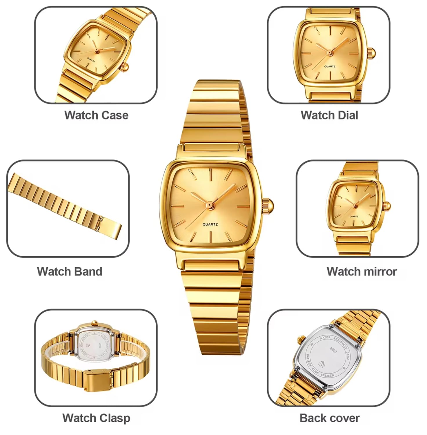 BESTKANG Fashion Women's Watches Waterproof Watch Easy to Read Stainless Steel Strap Quartz Square Watches for Women (Gold 1)