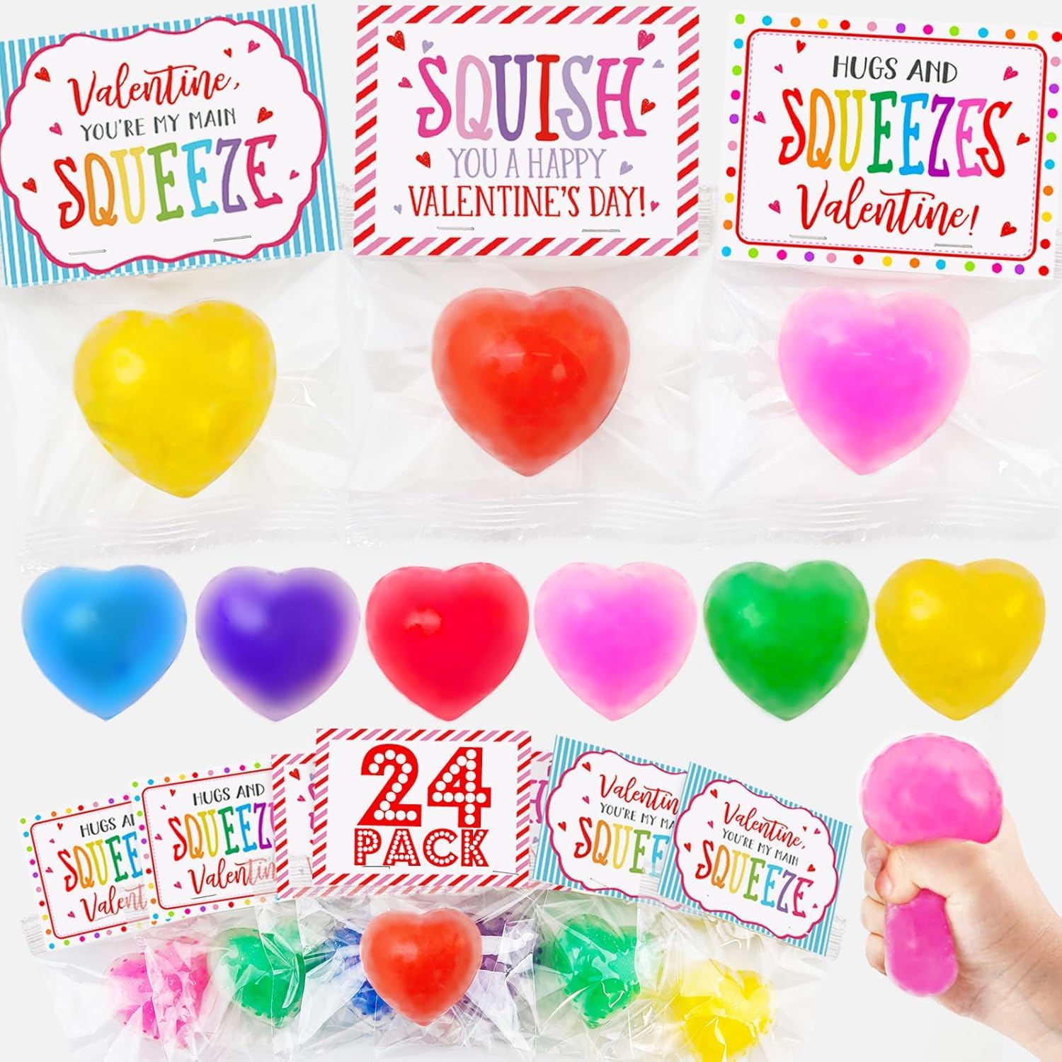 Valentines Day Gifts - 24 Pack Valentine Cards with Heart Balls - Fidget Toys Bulk Valentines Gift Exchange for Kids School Classroom Party Favors Supplies