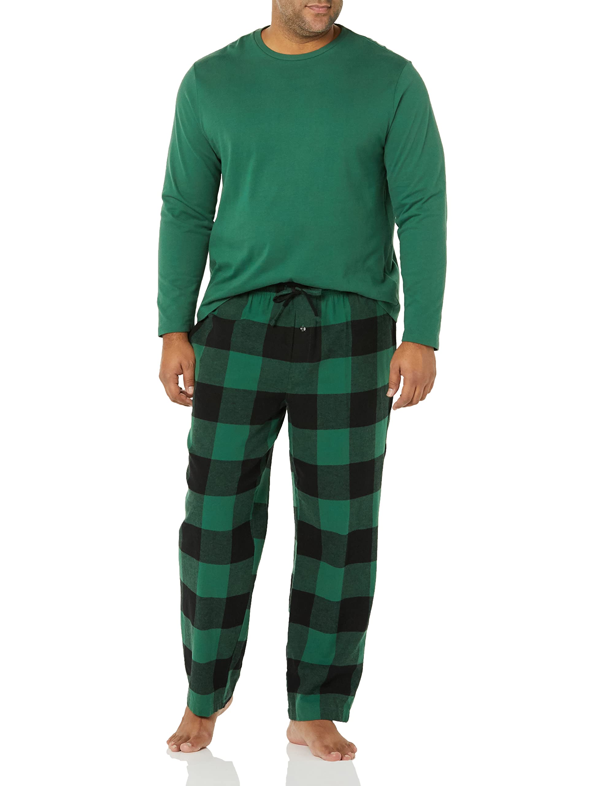 Amazon Essentials Men's Soft Flannel Pajama Sleepwear Set (Available in Big & Tall), Green/Buffalo Plaid, Large