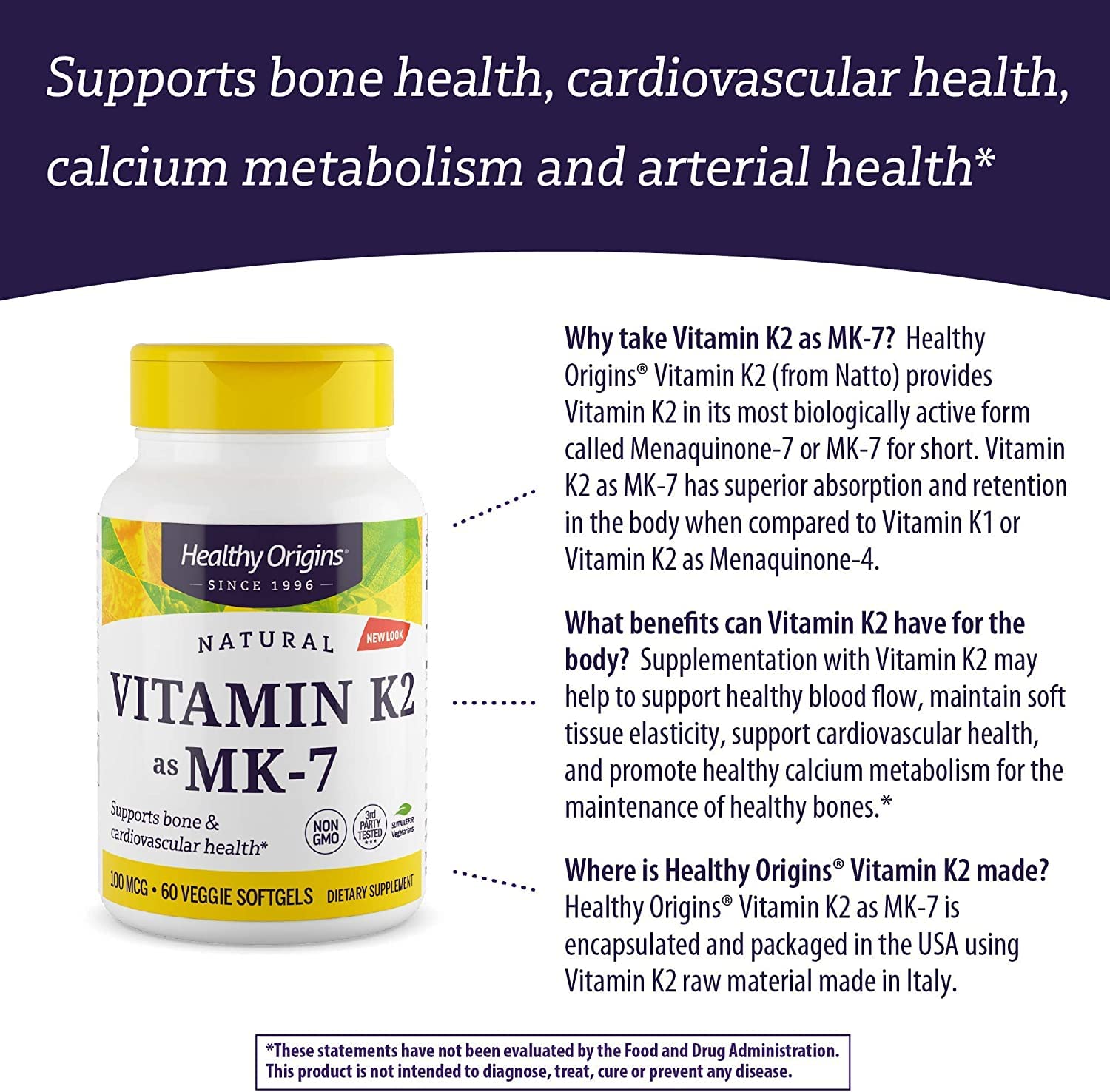 Healthy Origins Vitamin K2 as MK-7, 100 mcg - K2 Vitamins for Heart Health, Bone Health & Calcium Metabolism - Gluten-Free Supplements - 60 Veggie Softgels