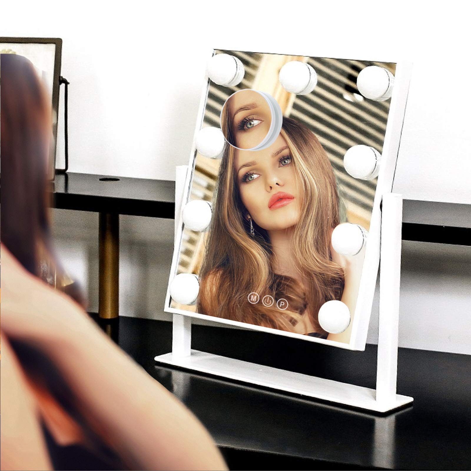 BWLLNI Lighted Makeup Mirror Hollywood Mirror Vanity Mirror with Lights, Touch Control Design 3 Colors Dimable LED Bulbs, Detachable 10X Magnification, 360°Rotation, White