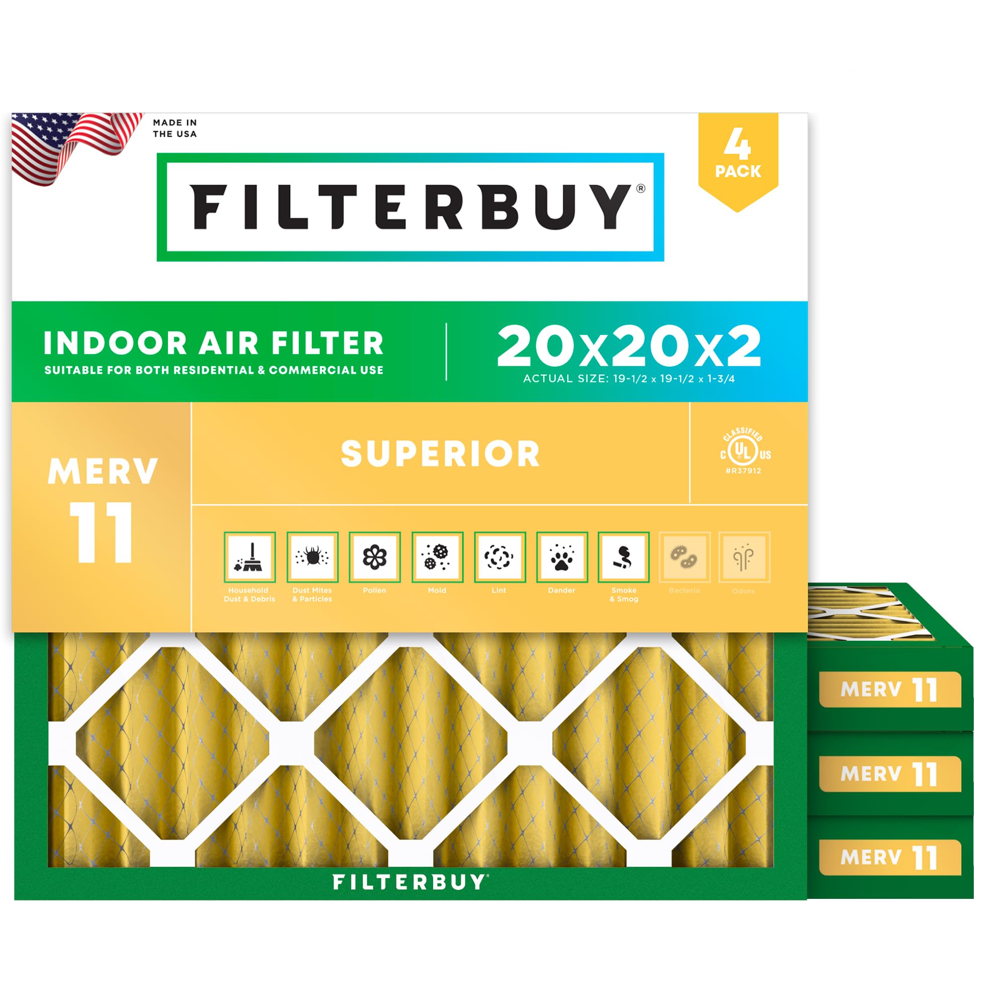 Filterbuy 20x20x2 Air Filter MERV 11 Allergen Defense (4-Pack), Pleated HVAC AC Furnace Air Filters Replacement (Actual Size: 19.50 x 19.50 x 1.75 Inches)