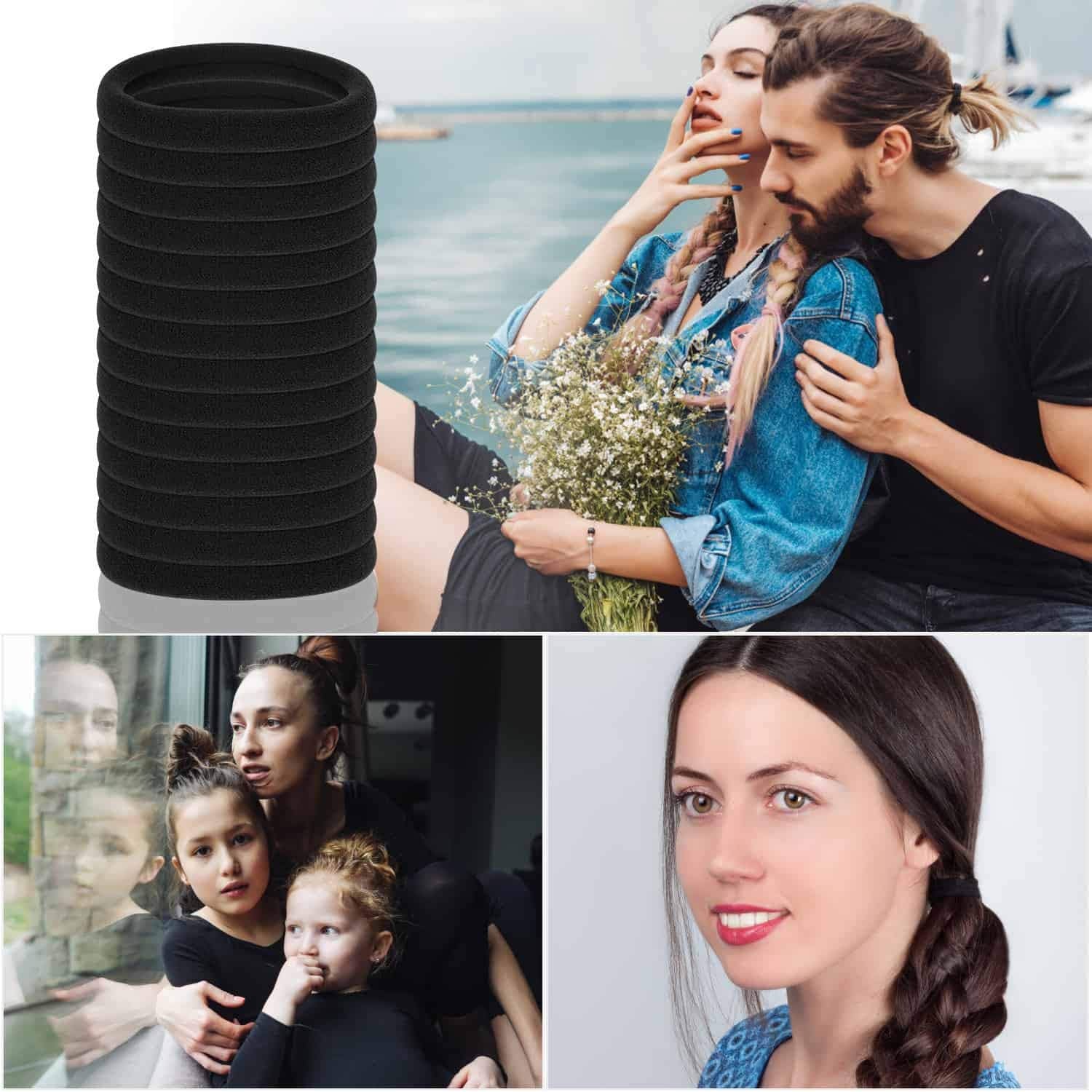 Anezus 50 Pcs Thick Black Hair Ties Large Elastics Bulk Hair Ties Stretch Hair Bands Ponytail Holders for Thick Heavy and Curly Hair