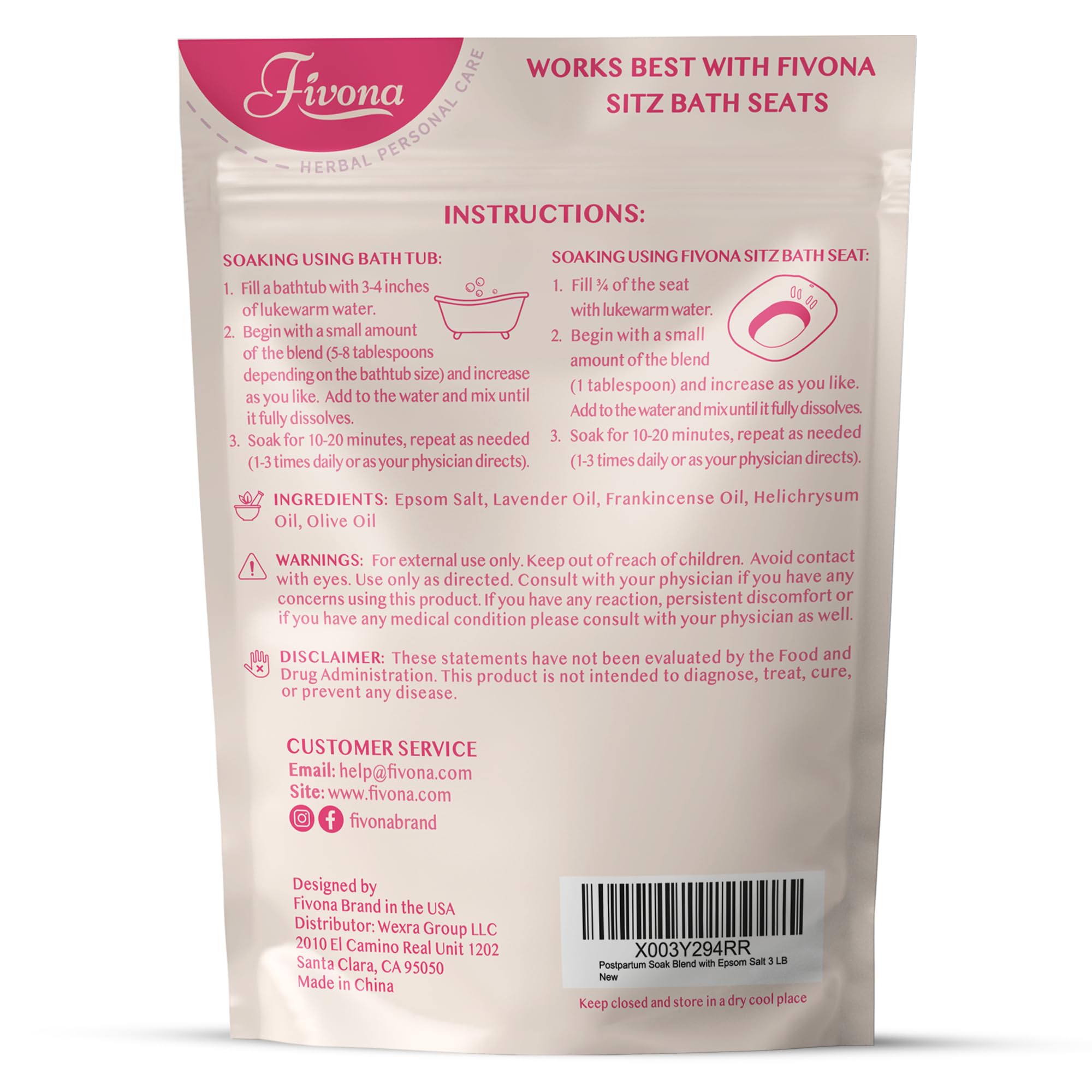 FIVONA Postpartum Soak Blend 48oz - Sitz Bath Salt Natural Soaking Blend - Epsom Salt with Pure Essentials Oils for Soothing Postpartum Recovery, Large Value Pack, Perineal Care