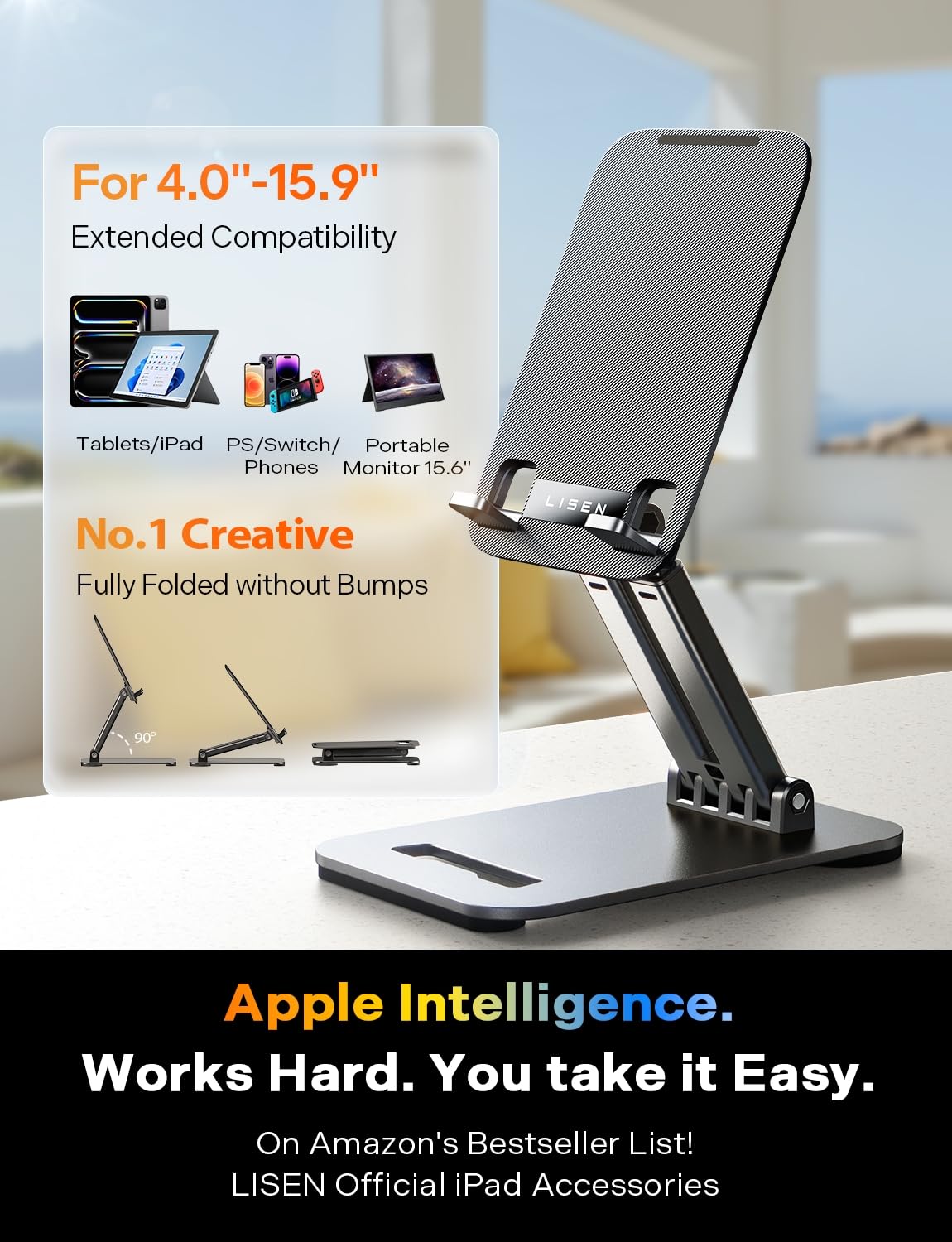 LISEN Tablet Stand for iPad Holder, Foldable Tech Gadgets iPad Accessories Kindle Bed Home Office Desk Accessories for Women Grandkids Gifts Portable Monitor Stand Fits Galaxy Tab Fire 4-15.9" Black