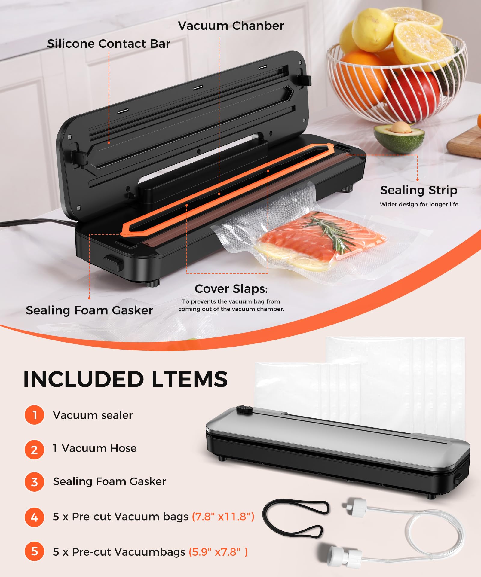 Vacuum Sealer Machine,75Kpa Precision Suction Power 6-in-1 Food Sealer with Digital Timer, Dry & Moist Food Modes, Compact Design with 10 Vacuum Bags & Bulit-in Cutter(Sliver)