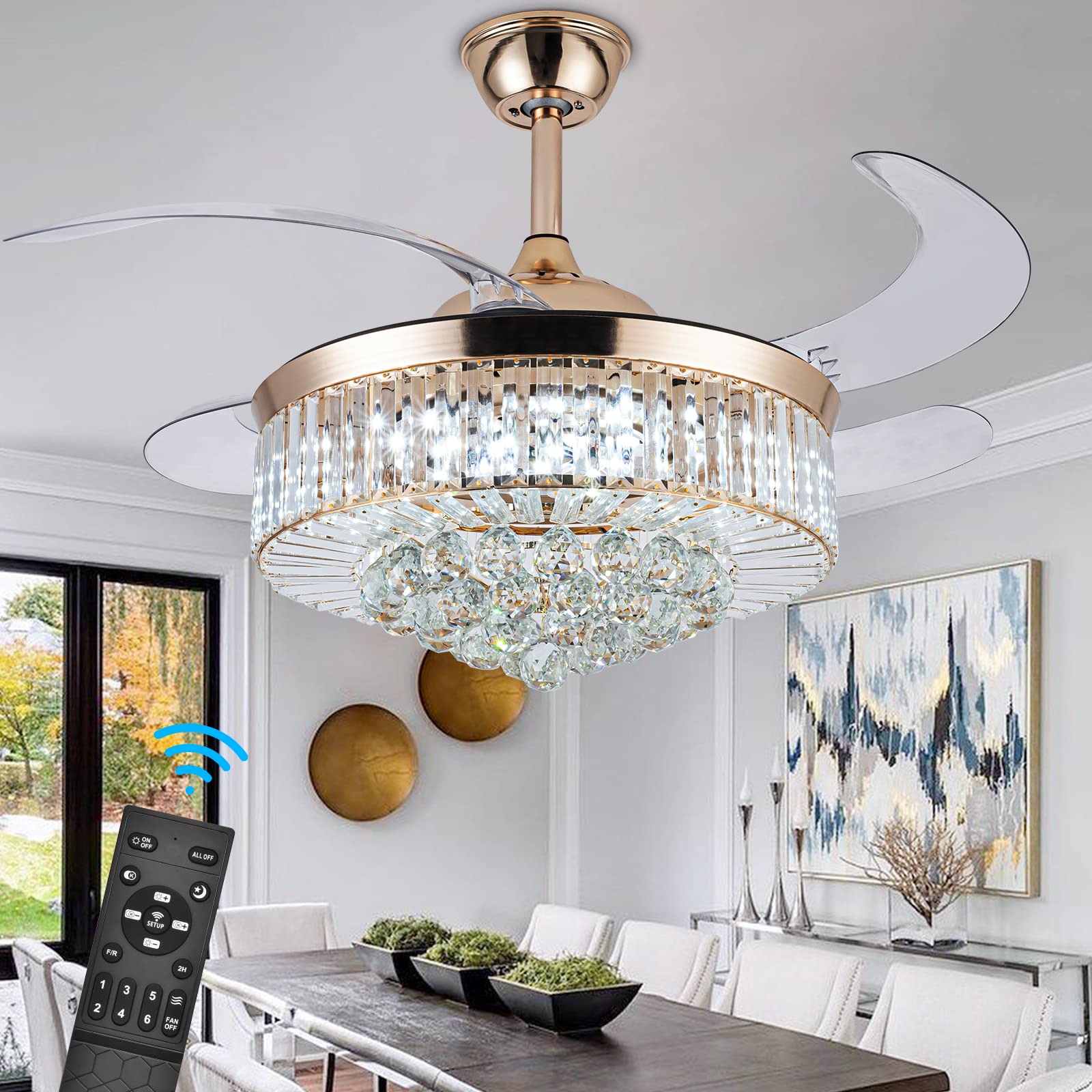 36'' Stepless Dimming Chandelier Crystal Ceiling Fan with Lights, Reversible Modern Fandelier with Remote Retractable Invisible Blades 6 Speeds Indoor Ceiling Fan Light for Living Room Bedroom Kitchen