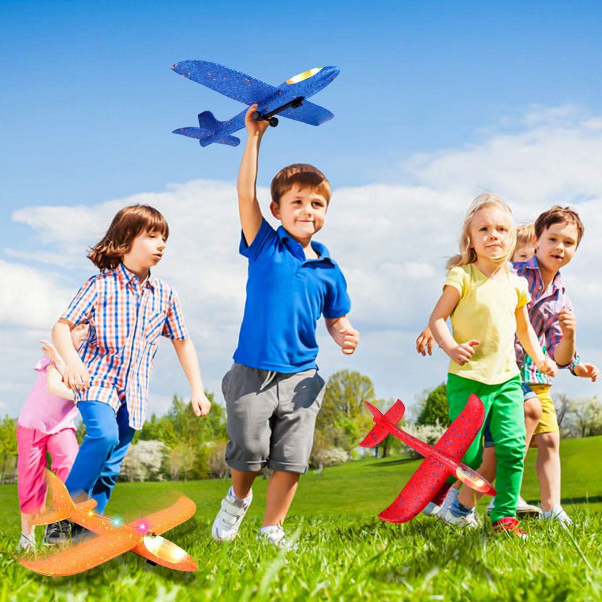 3 Pack Airplane Launcher Toy, 12.6" Foam Glider Led Plane, 2 Flight Mode Catapult Plane for Kids Outdoor Sport Flying Toys Gifts for 3 4 5 6 7 8 9 10 12 Year Old Boys Girls