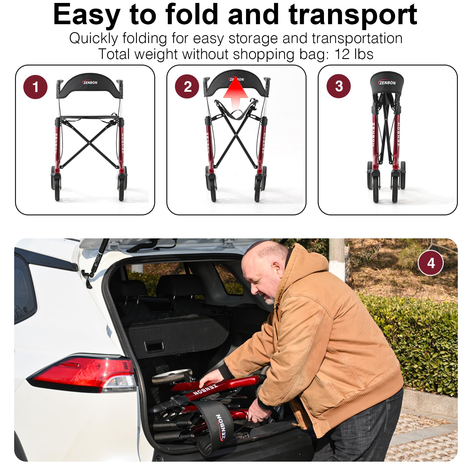 Rollator Walker for Seniors/Adults Foldable Rolling Walker with Seat 440 lbs Capacity 4 Big 7.9 inch Wheels Hand Grips Adjustable Height Lightweight Carbon Fiber Walker Removable Back Support