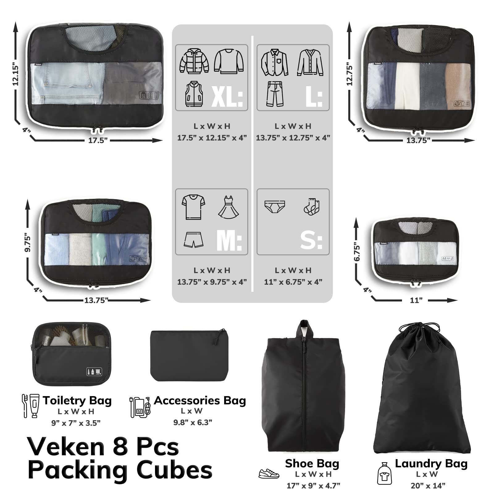 Veken 8 Set Packing Cubes for Suitcases, Travel Essentials for Carry on, Luggage Organizer Bags Set for Travel Accessories in 4 Sizes (Extra Large, Large, Medium, Small), Black