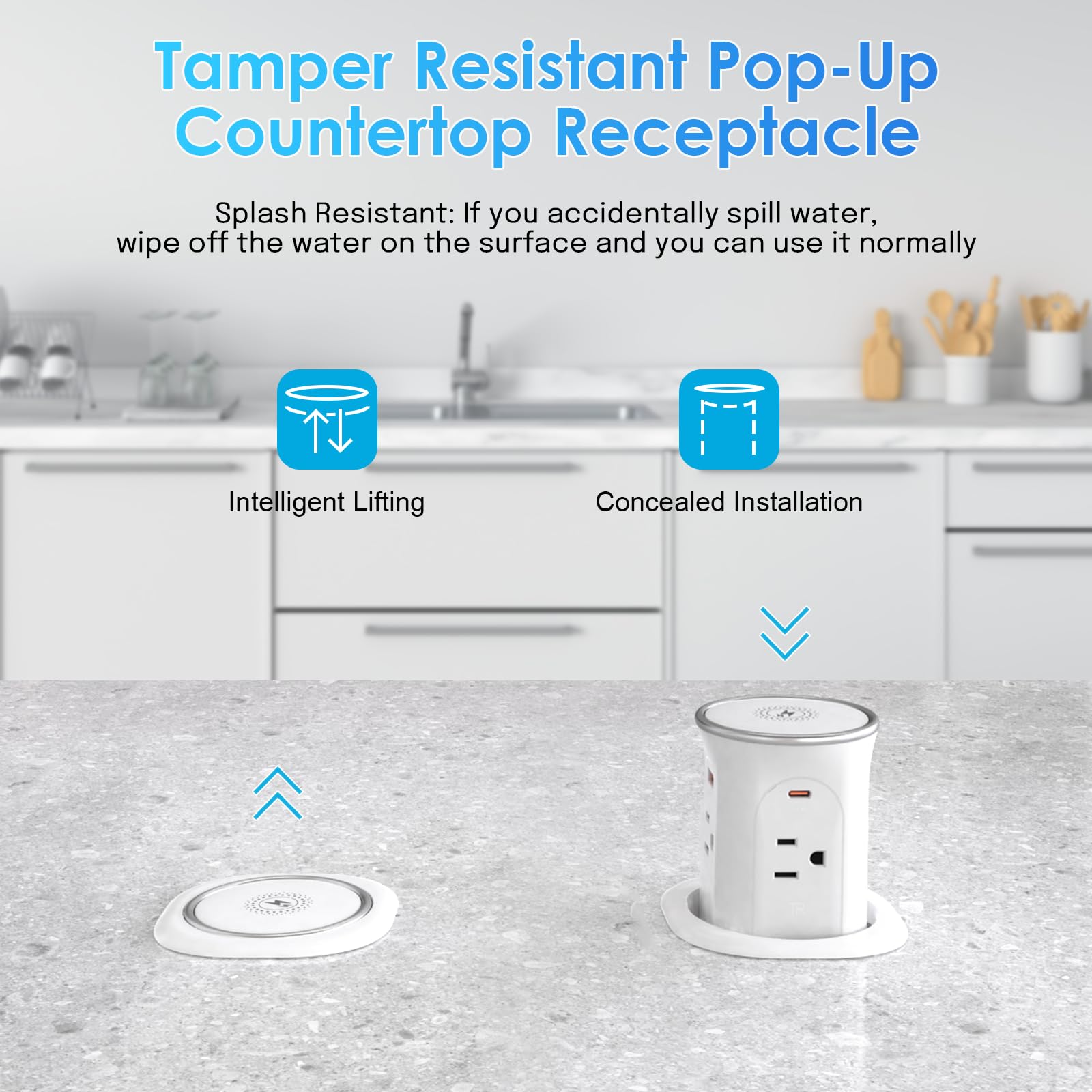 3.15in Pop Up Countertop Outlet with 15W Wireless Charger, Max 20W USB Power Delivery 15A Tamper Resistant, Desktop Mount Electrical Receptacle with 4 Outlets & 4 USB for Home Office