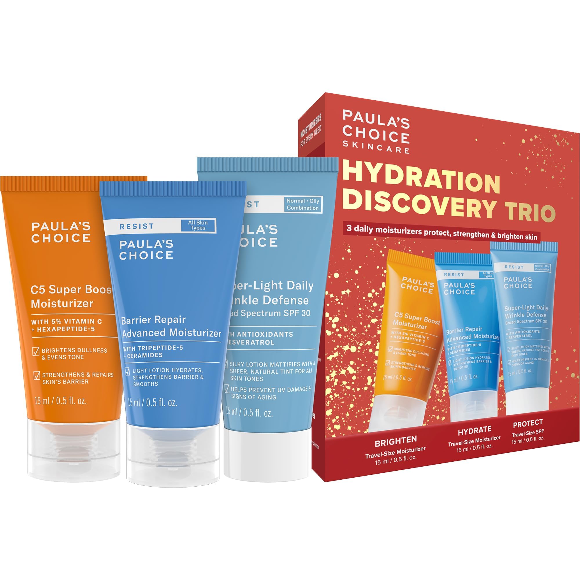 Paula’s Choice Hydration Trio Travel Essentials Mini Kit, Includes C5 5% Vitamin C Moisturizer, RESIST Barrier Repair Moisturizer and RESIST Wrinkle Defense Matte Tinted Moisturizer SPF 30, Set of 3