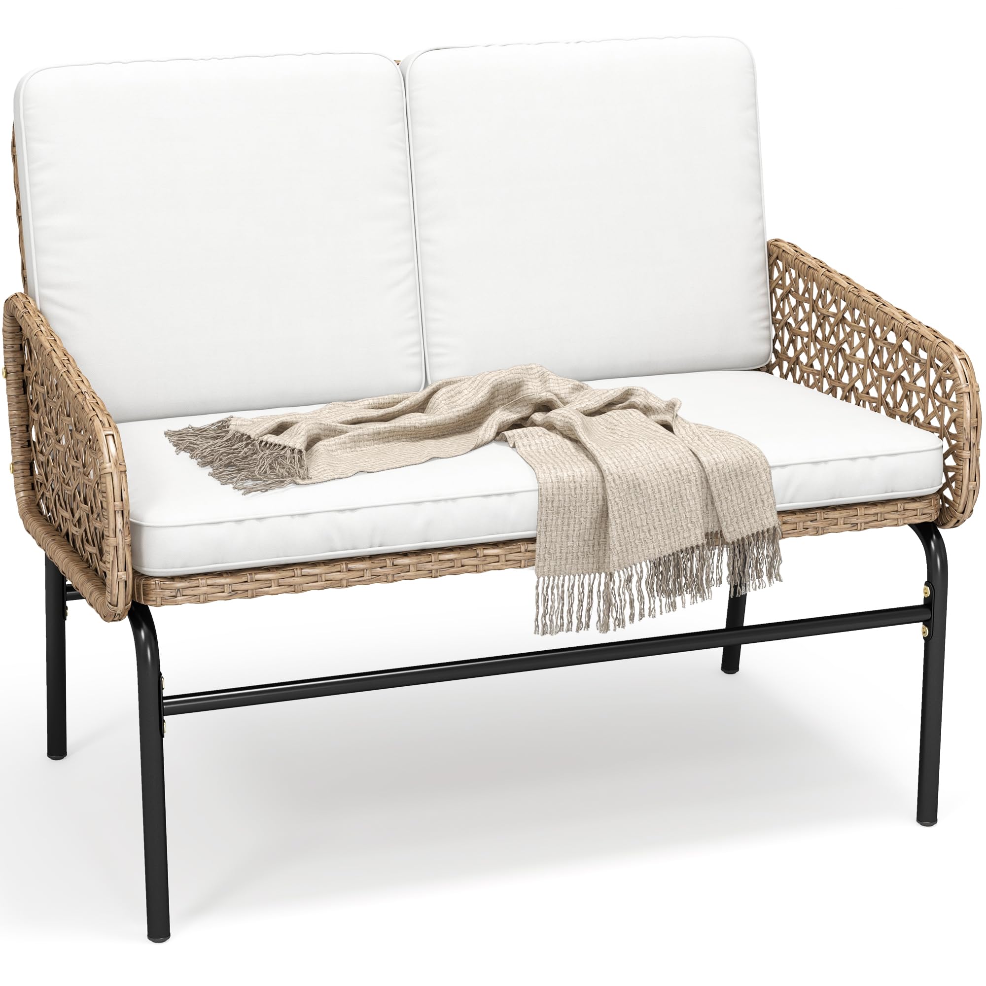 YITAHOME Patio Loveseat Wicker Outdoor Furniture, All Weather Rattan Conversation Loveseat for Backyard, Balcony and Deck with Soft Cushions, Light Brown+Beige