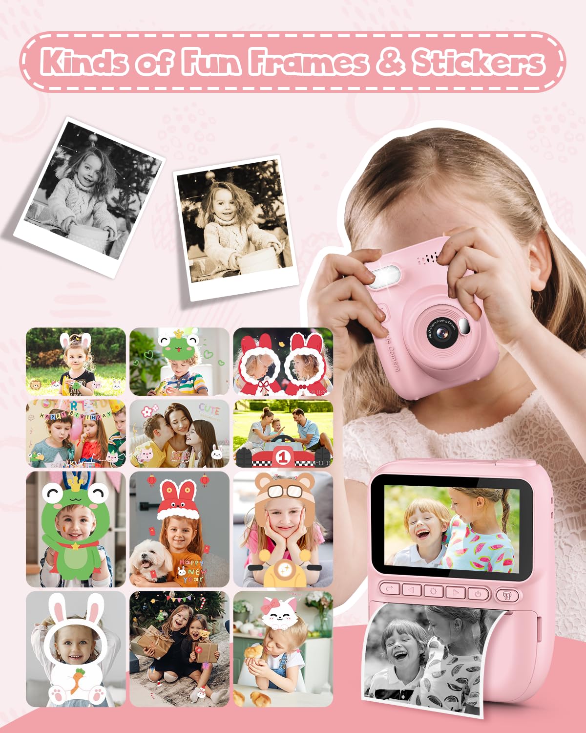 LETSHAHA Kids Instant Print Camera, 3.0-inch HD Screen 32MP Photo Instant Digital Camera Christmas Birthday Gifts Toys for Toddle Children Girls Boys Age 3-12 - Pink