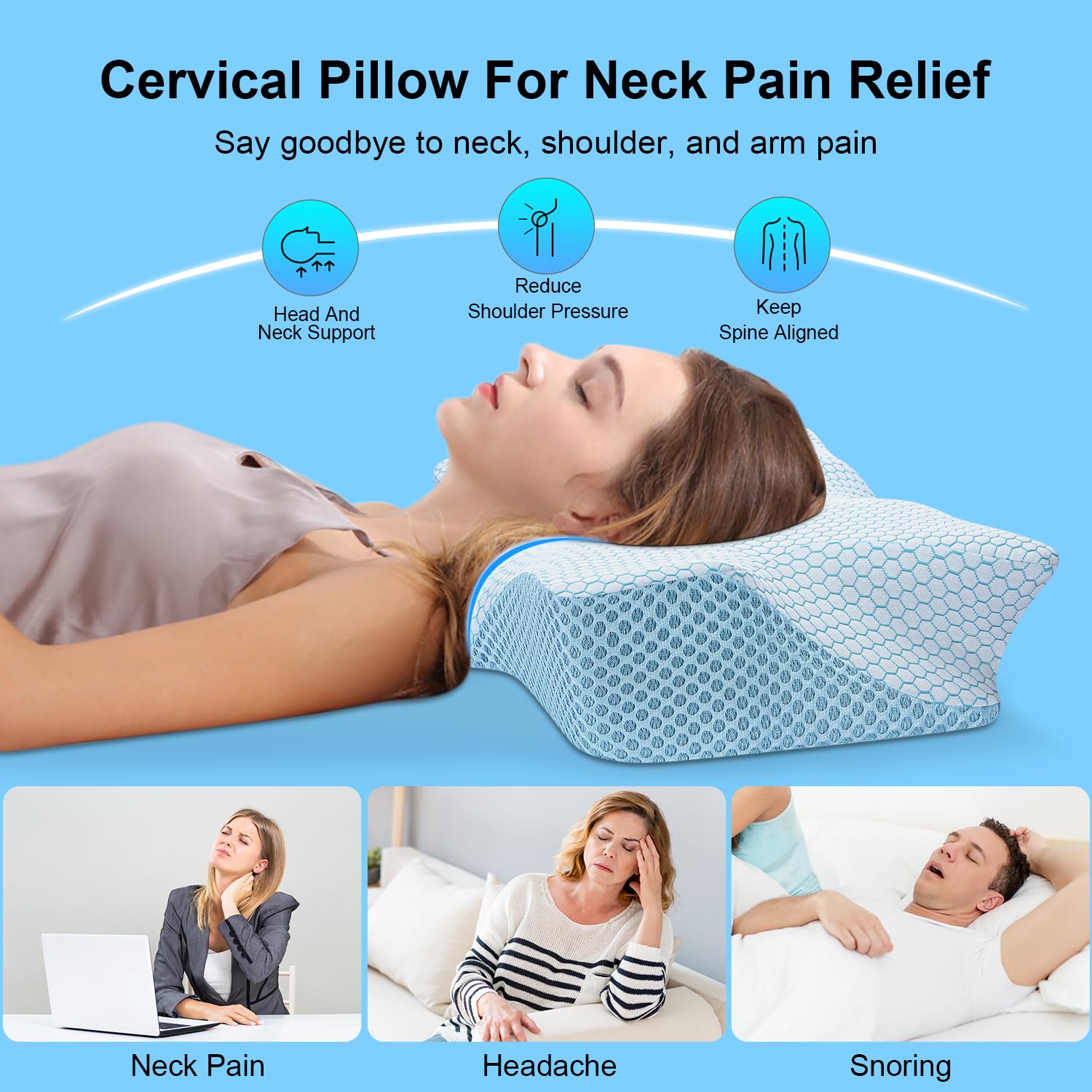 Anvo Cervical Pillow for Neck Pain Relief - Memory Foam Pillows for Neck and Shoulder Pain, Neck Pillows for Pain Relief Sleeping - Ergonomic Pillow for Side Back & Stomach Sleeper - Blue Firm