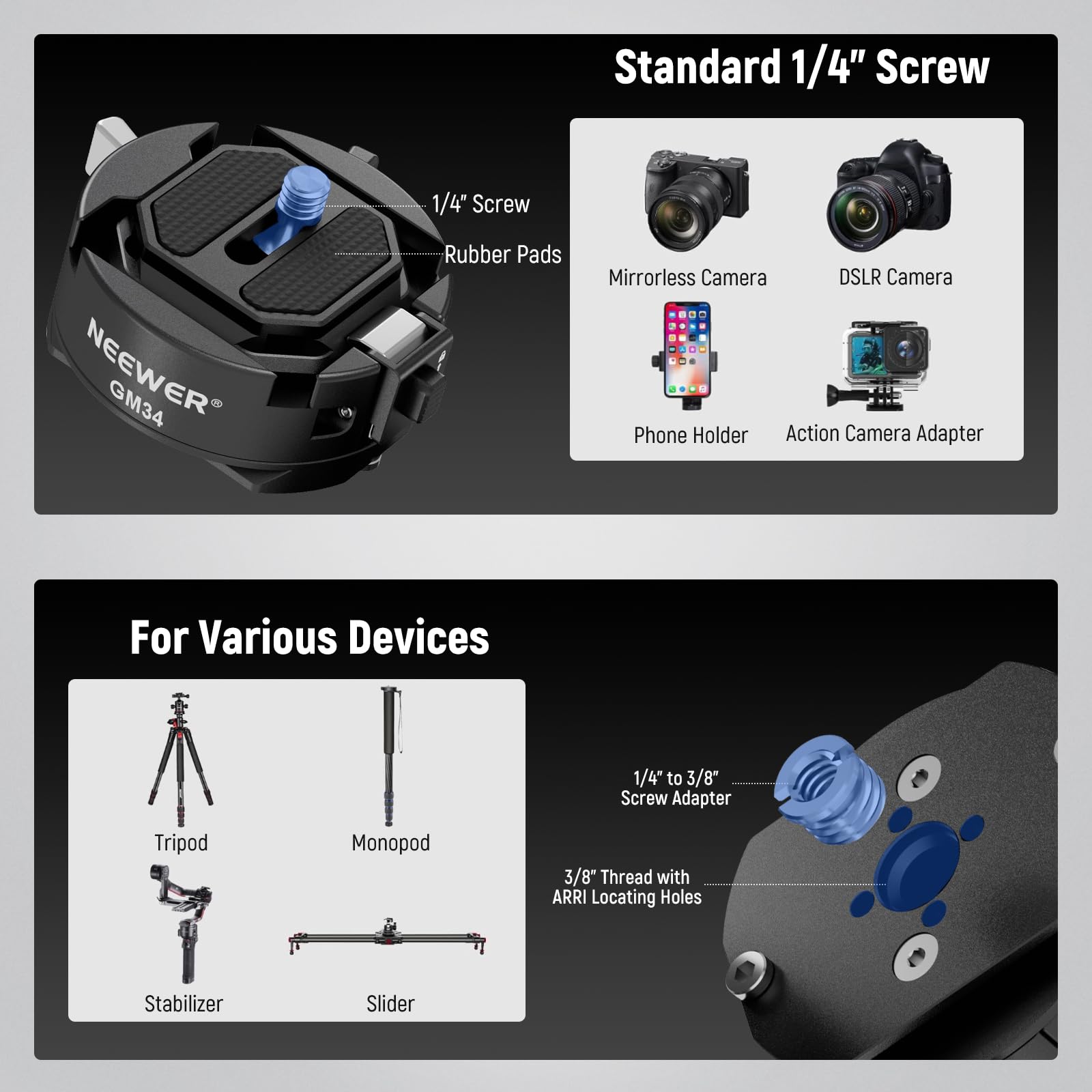 Neewer GM34 Camera Quick Release Plate Kit, Quick Switch Auto Lock Square QR Mount Plate with Arca Type Clamp Base, Compatible with Arca Swiss Peak Design Capture V3 Camera Clip, Max Load 11lb/5kg