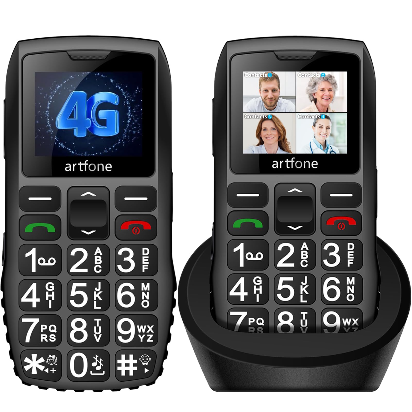 artfone C1+4G Big Button Cell Phone for Seniors and Kids, Unlocked Senior Cell Phone with SOS and Time Broadcast Button, Speed Dial, FM Radio, Torch, Clear Sound, Charging Dock, 1800mAh Battery, Black