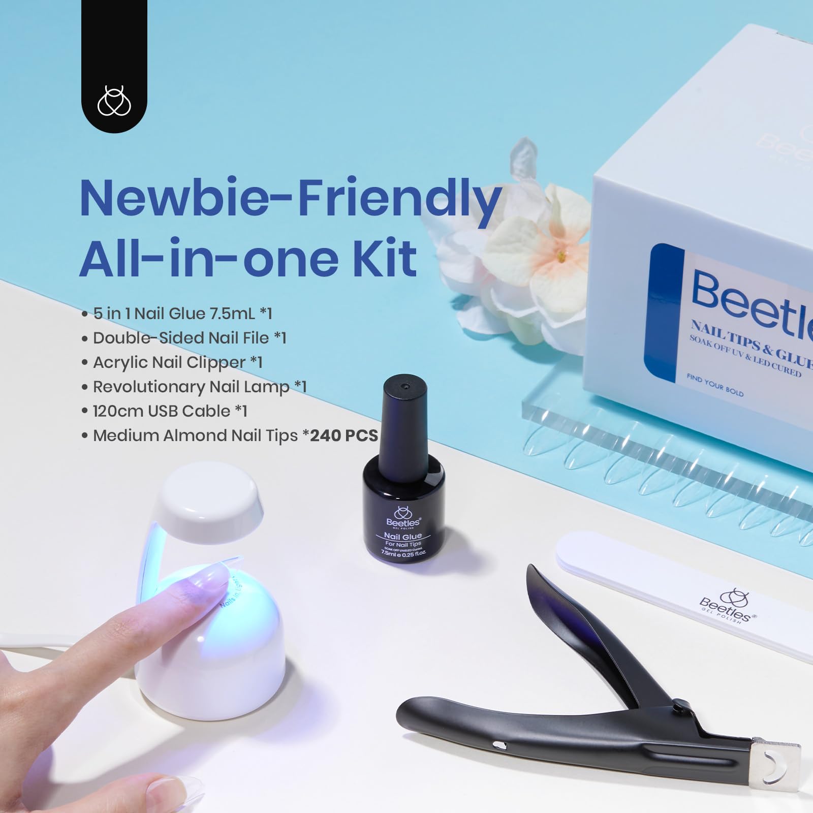 Beetles Gel Nail Kit Almond Nail Tips Easy Nail Extension Set 5 In 1 Nail Glue Gel with Pre shaped Medium Almond Nail Tips and UV Nail Lamp Acrylic Nail Clipper for Nail Art Diy