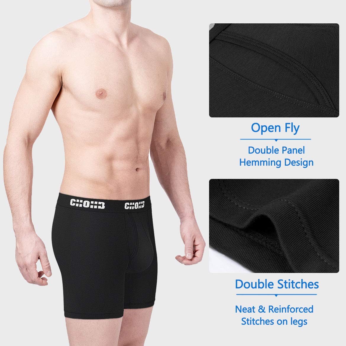 CHOHB Mens Underwear Micro Modal 3 Pack Boxer Briefs Open Fly, Black-M
