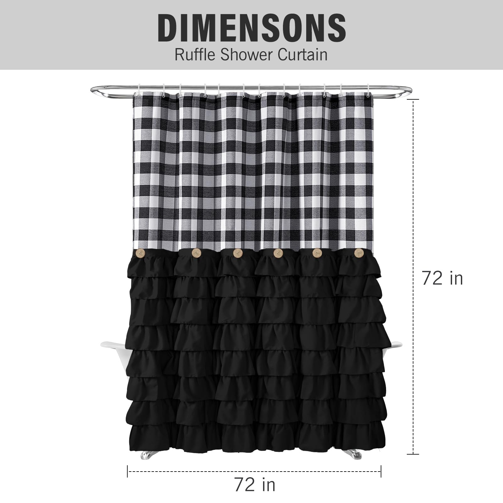 Seasonwood Black Farmhouse Shower Curtain Set with 12 Hooks 72 X 72inch Black and White Buffalo Plaid Pattern Fabric Shower Curtains with Buttons & Black Ruffles for Bathroom Bathtubs Decor