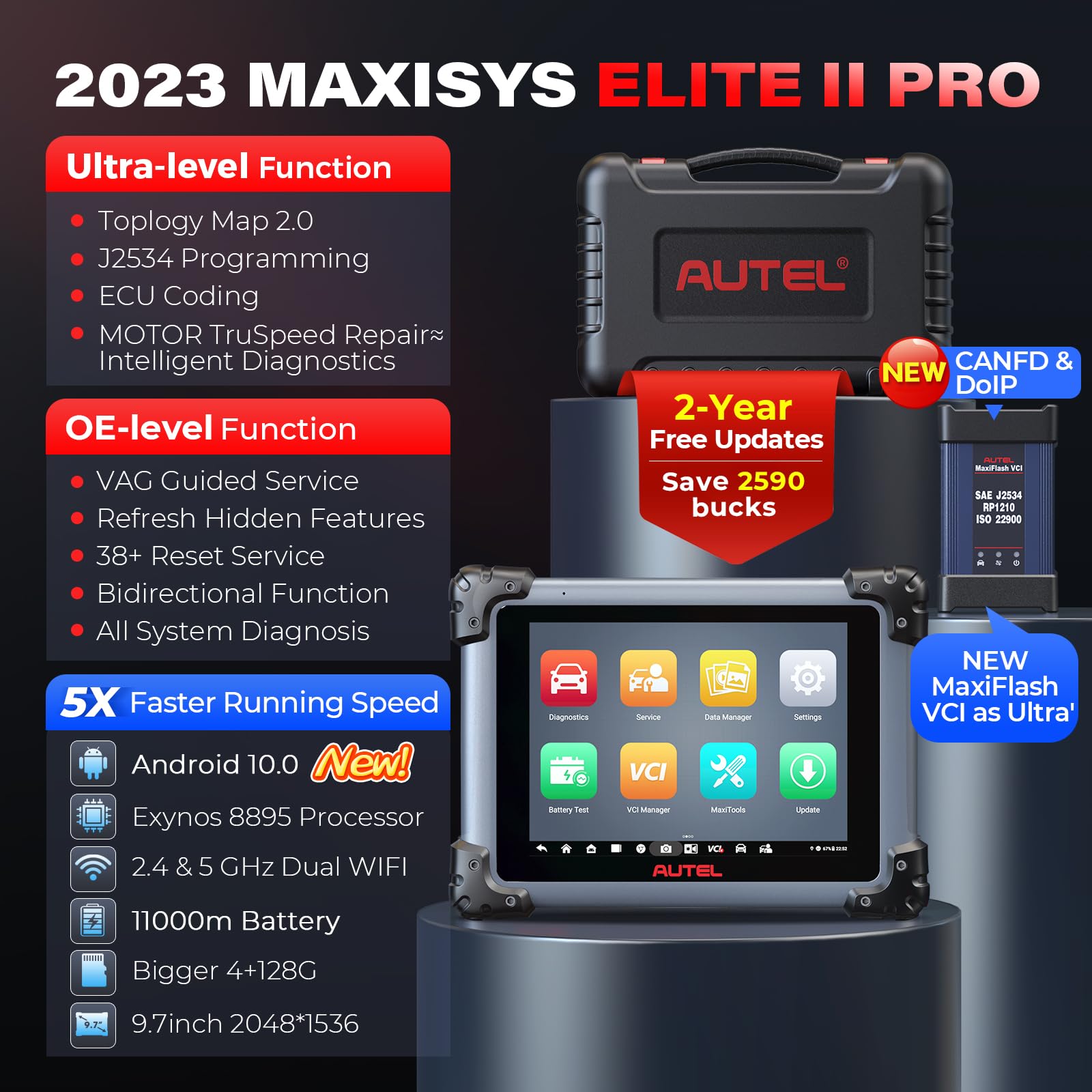 Autel MaxiSys Elite II Pro Scanner: 2024 2-Years Free Update Elite 2 Pro, J2534 Reprogramming Tool as Ultra MS908S Pro II, Motor TruSpeed Repair, 40 Reset Service w/CAN FD & Do IP, 3000+ Active Test