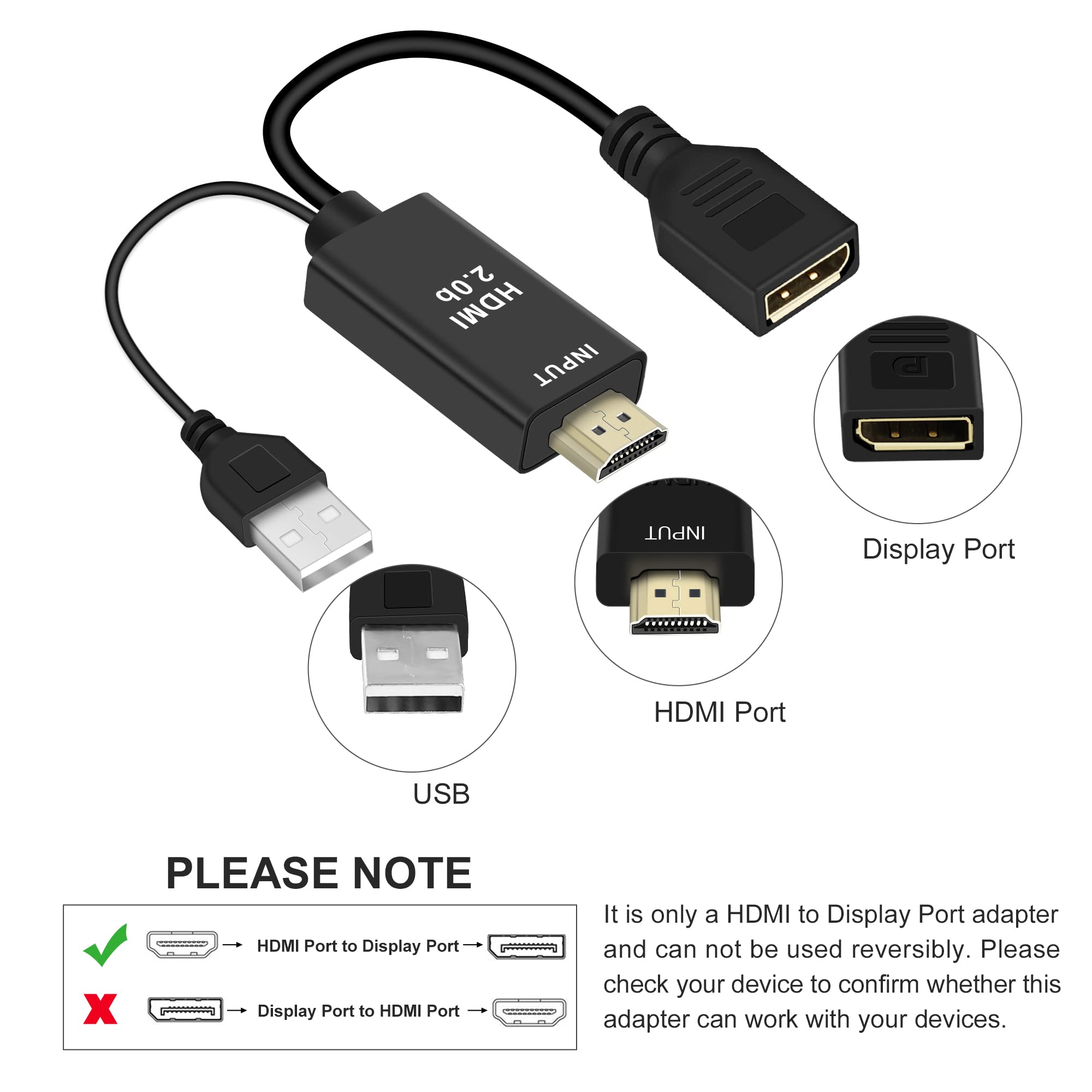 FERRISA 4K@60Hz HDMI to DisplayPort Cable Adapter/Converter with USB Power, Male to Female HDMI to DP Adaptor for Monitor, Support HDMI2.0 HDCP2.2, Compatible with , PS5, NS, Mac Mini(NOT USB Port)