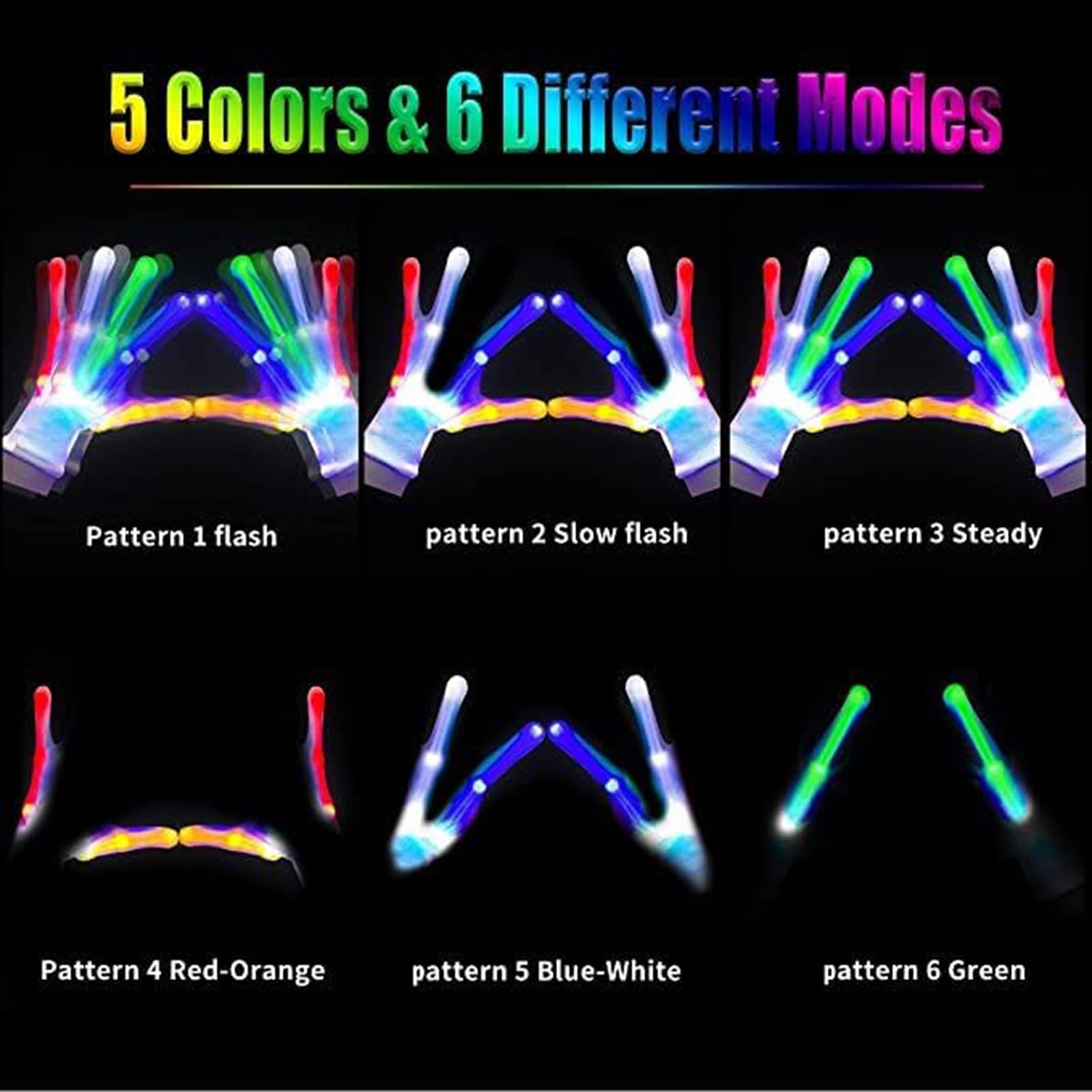 DALEDWN Led Gloves 5 Colors 6 Modes Light up Gloves Rave Gloves Finger Light Flashing Gloves Cool Fun Toys (M)