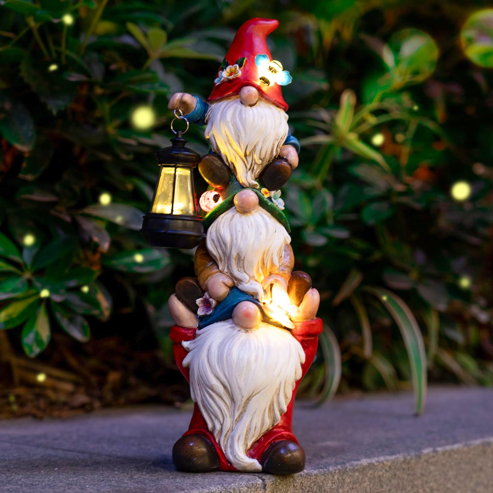 twinbling Garden Gnome Statue with Solar Lights Large Garden Sculptures Funny Triple Gnome Outdoor Patio Lawn Yard Decor,Gifts for Women,12 in
